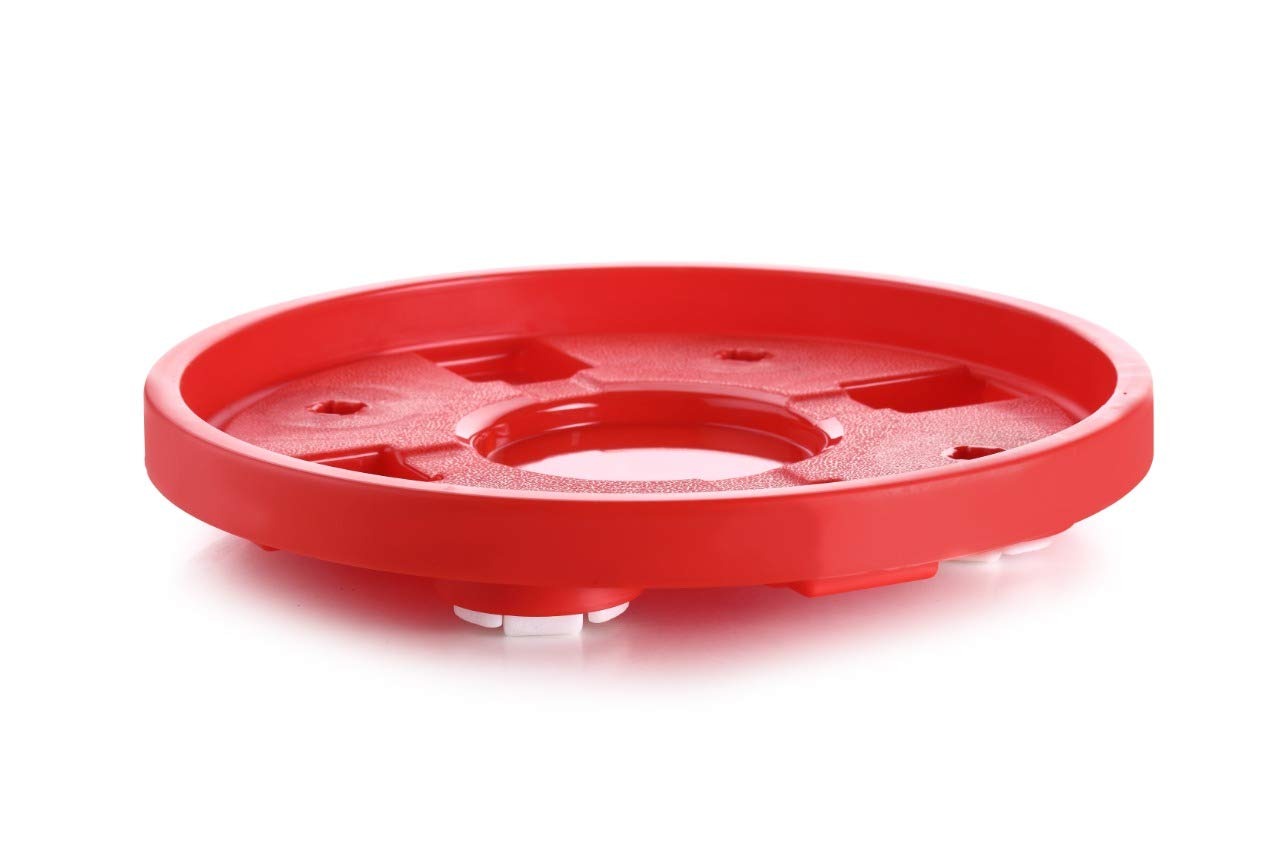 Red plastic gas cylinder trolley with a cylinder, showcasing movable wheels.