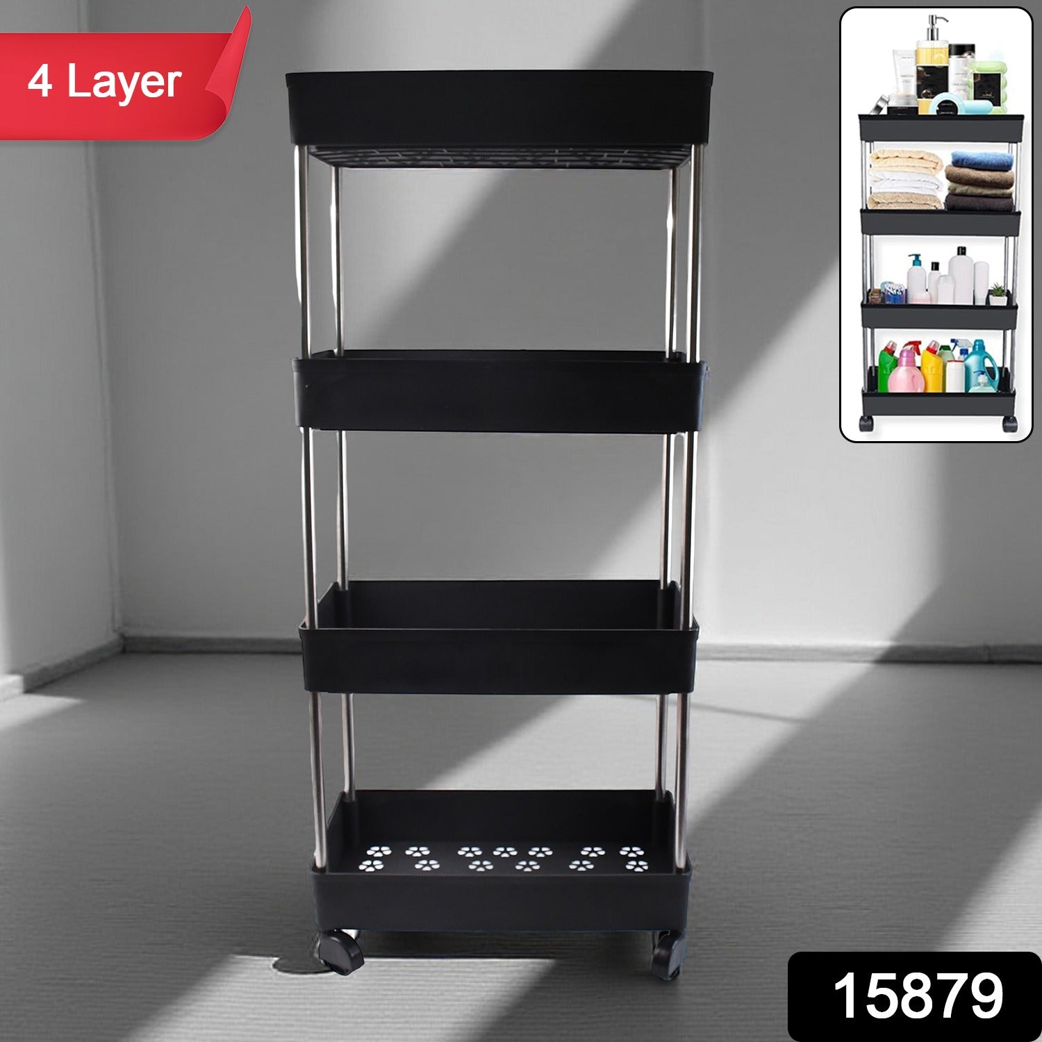Space-efficient movable storage trolley with caster wheels for easy mobility