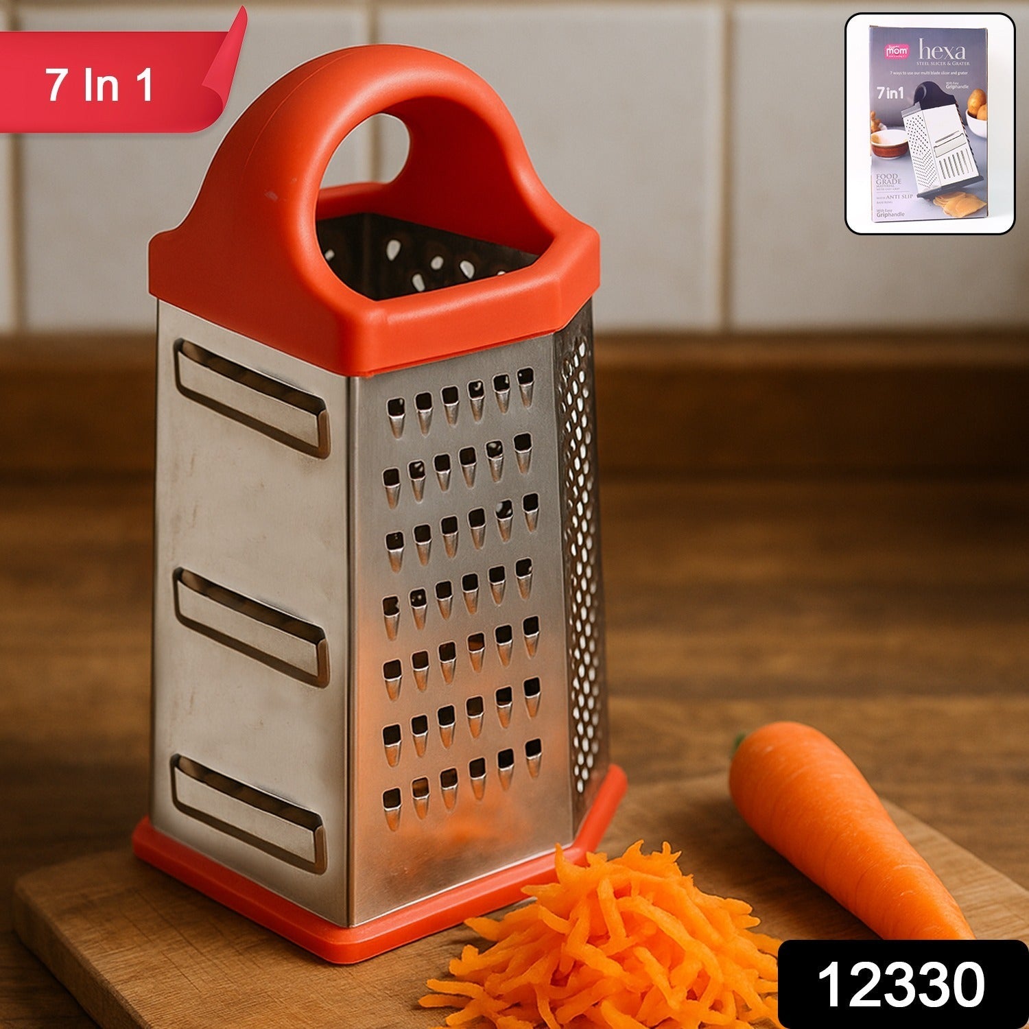 Heavy duty stainless steel box grater showing ergonomic handle and durable blades