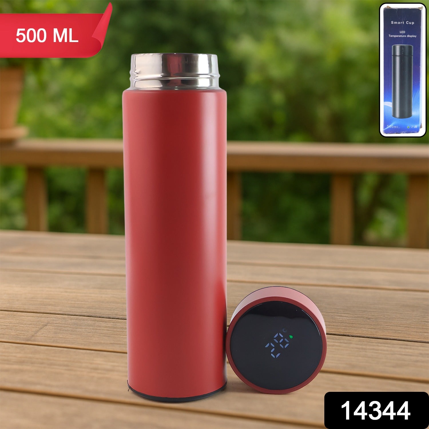 Red insulated water bottle showing smart LED temperature screen.