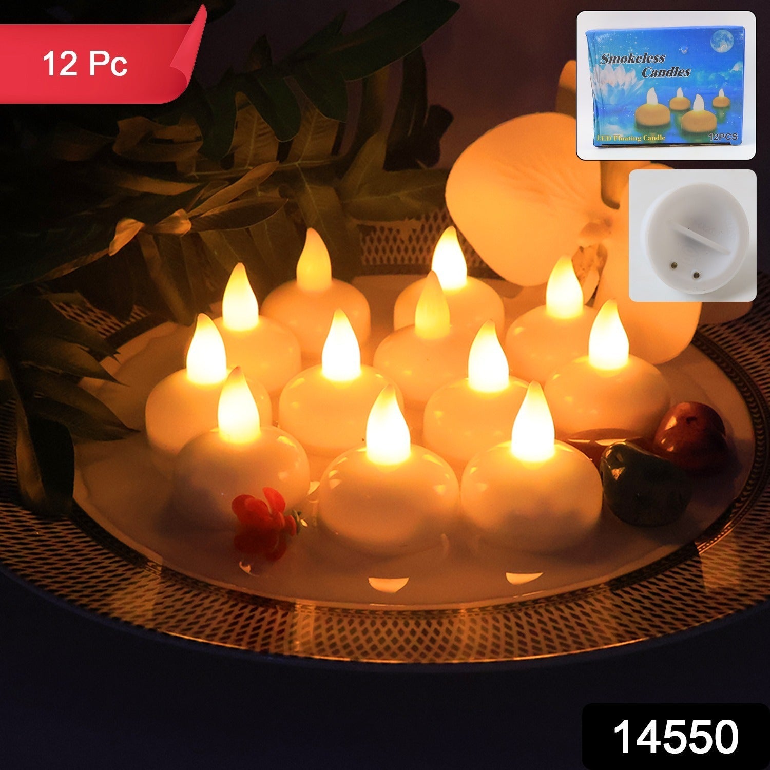 Close-up of LED floating flameless candle with lotus design