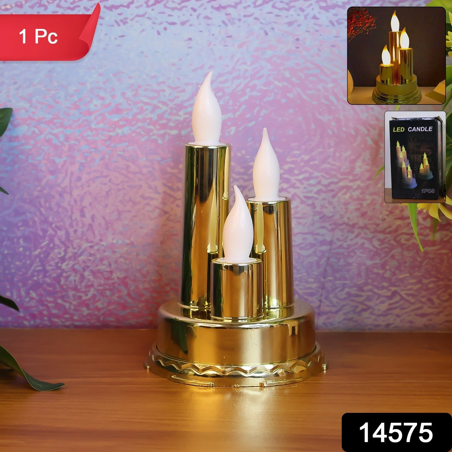 Decorative triple LED flameless candle lamp with intricate golden finish for festivals