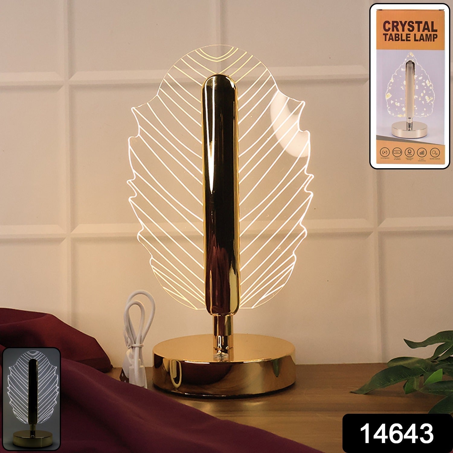 Premium crystal table lamp featuring leaf-patterned acrylic shade