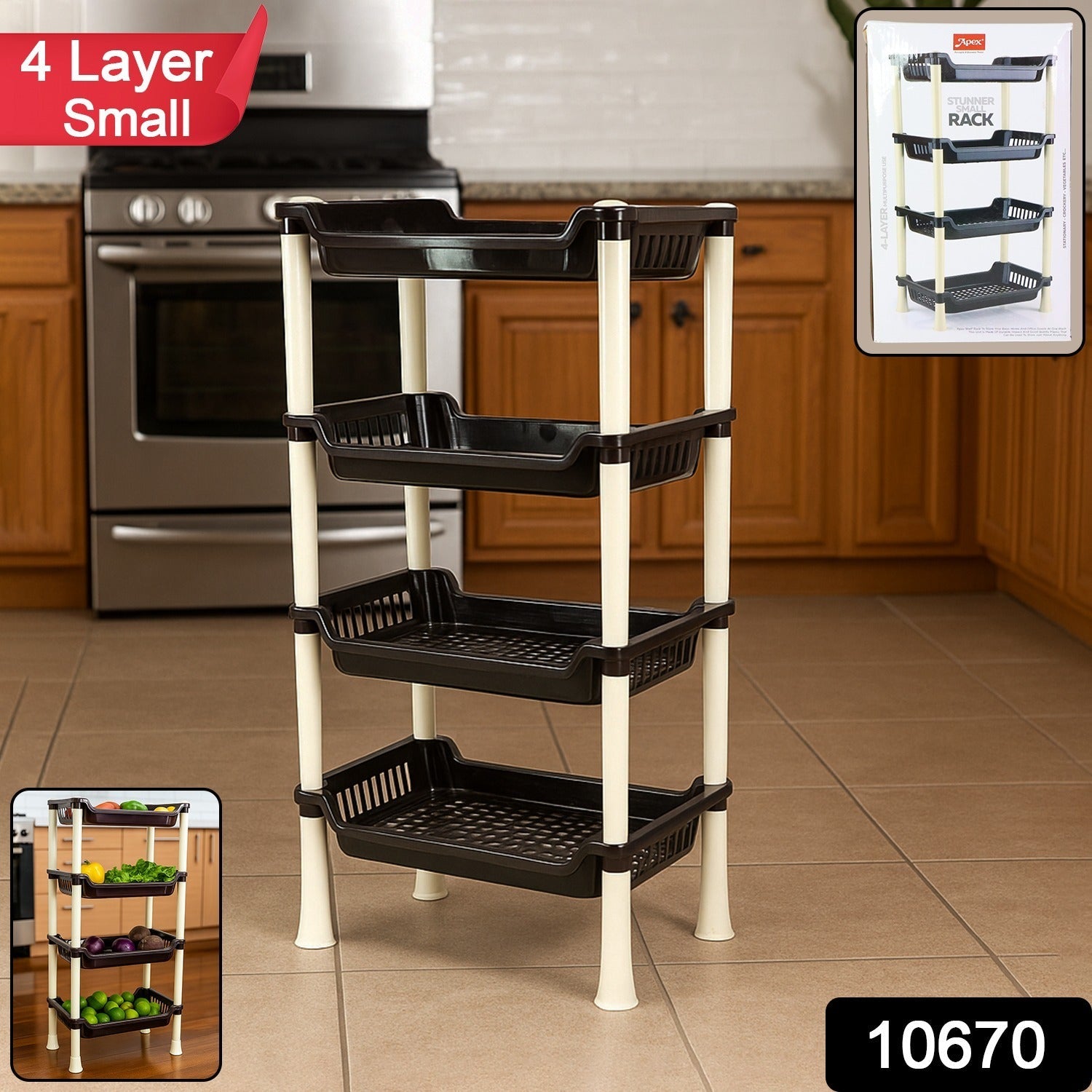 Multi-purpose plastic storage rack holding household items like groceries and toiletries