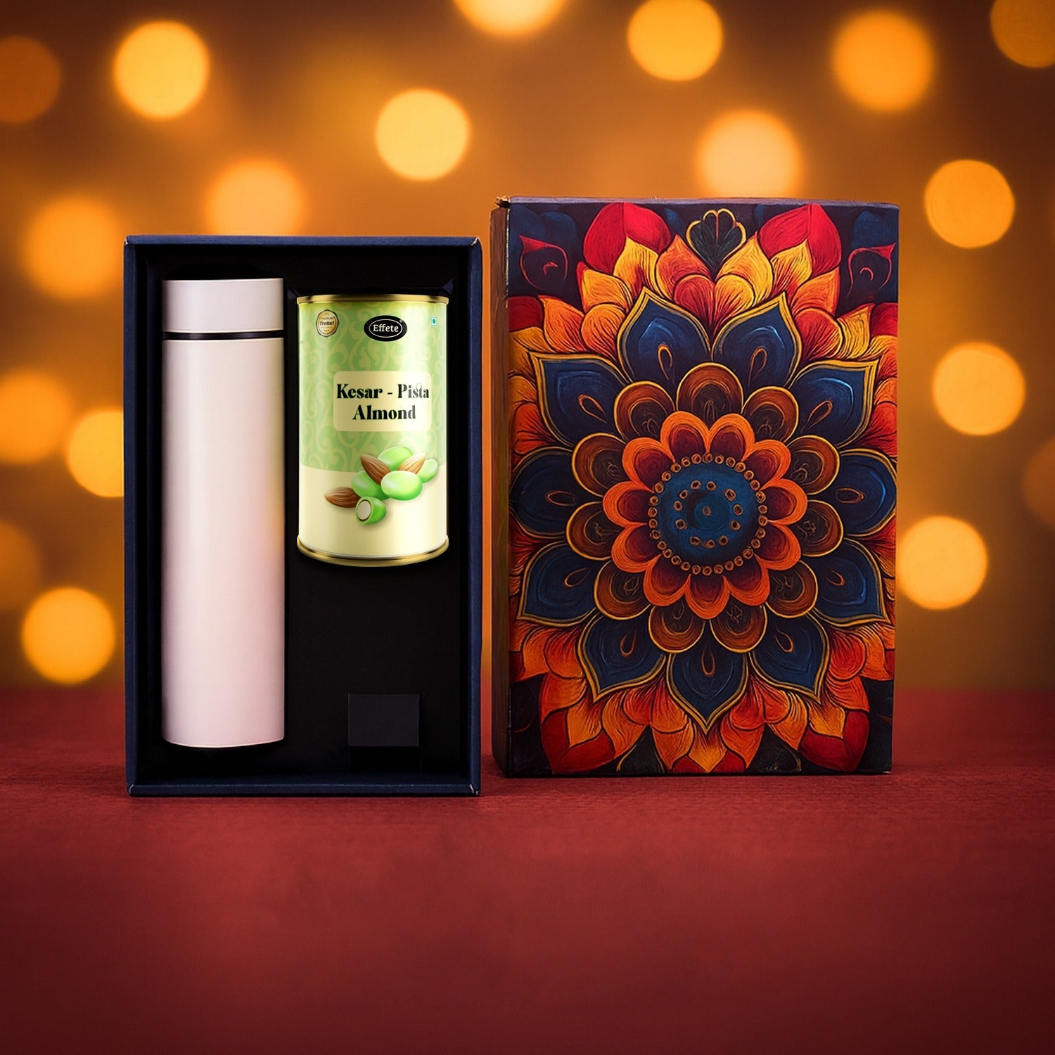 Close-up of Effete Kesar Pista Almonds chocolate and stainless steel bottle in gift set