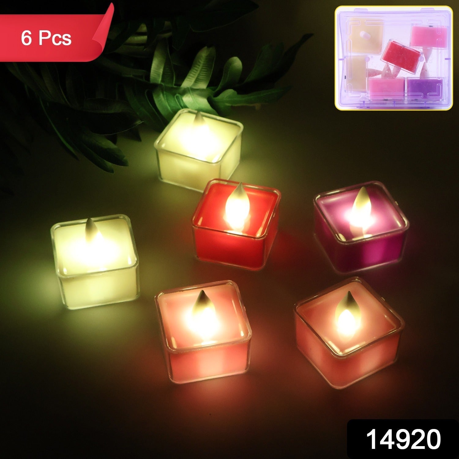 Battery operated LED tealight candles in a decorative square holder set