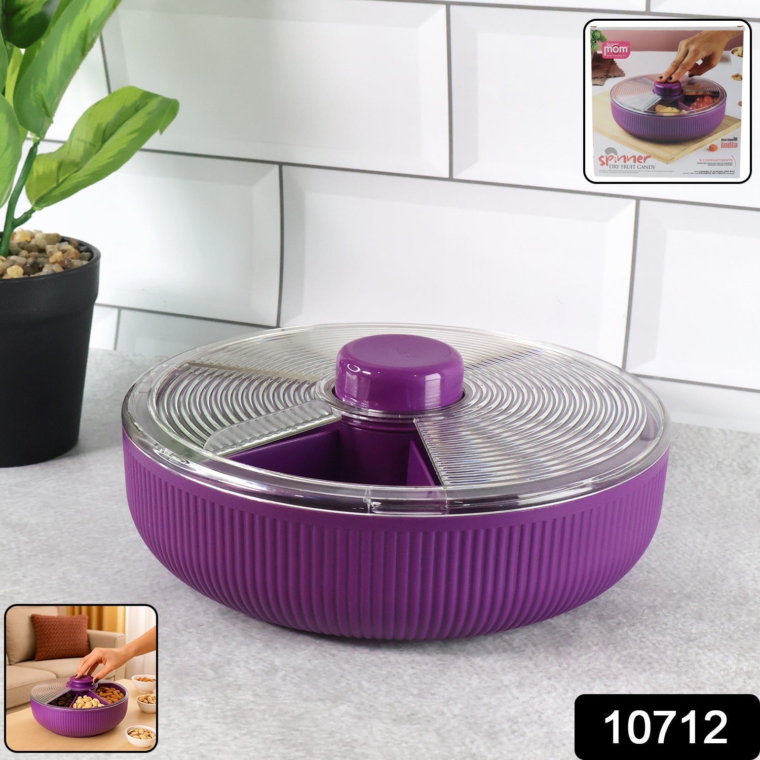 Multipurpose rotating snack container showing easy-access spinner knob