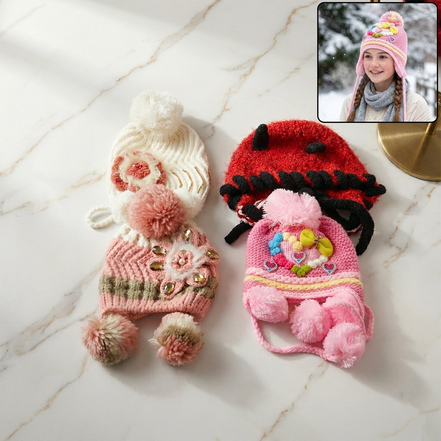 Cute mixed design winter cap with pom-pom for kids