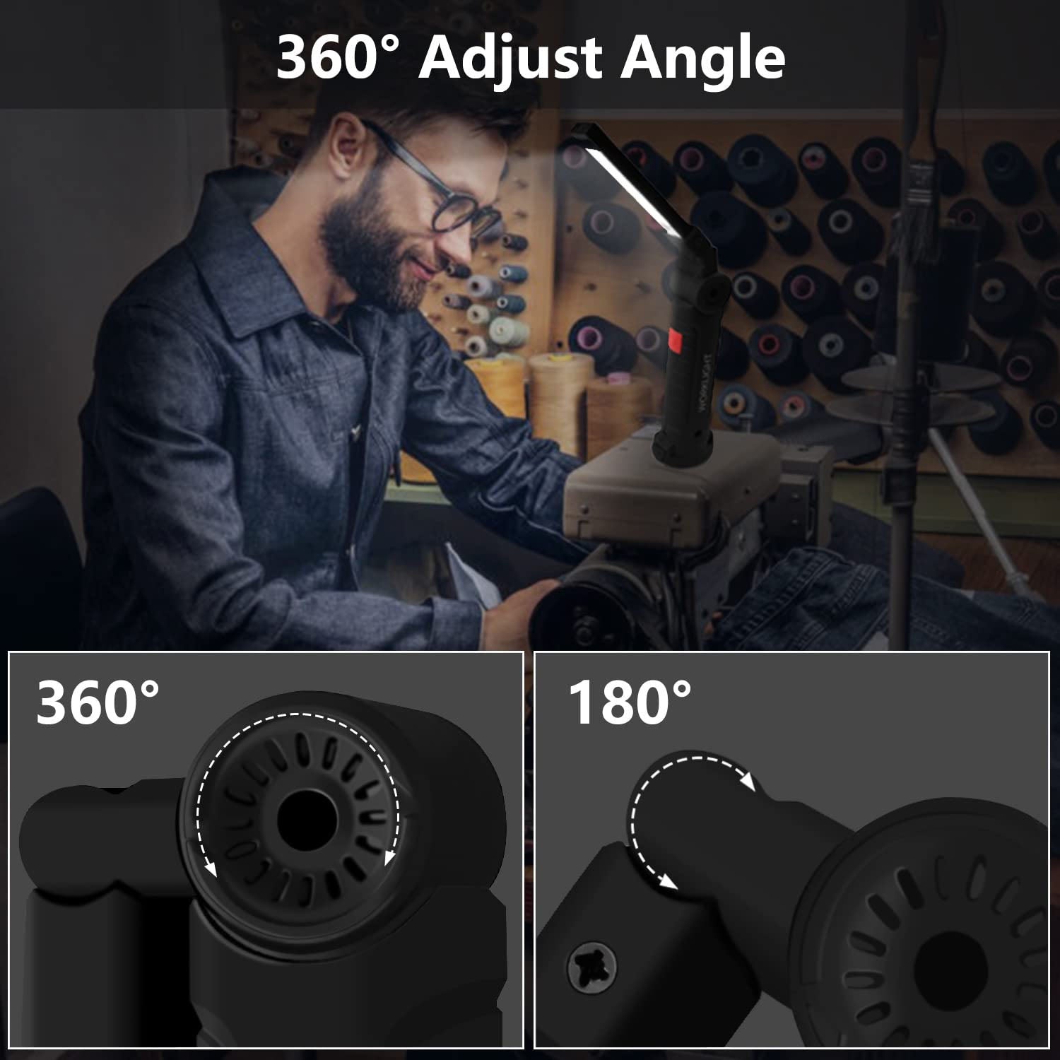 Adjustable arm LED work light with magnetic base for hands-free use