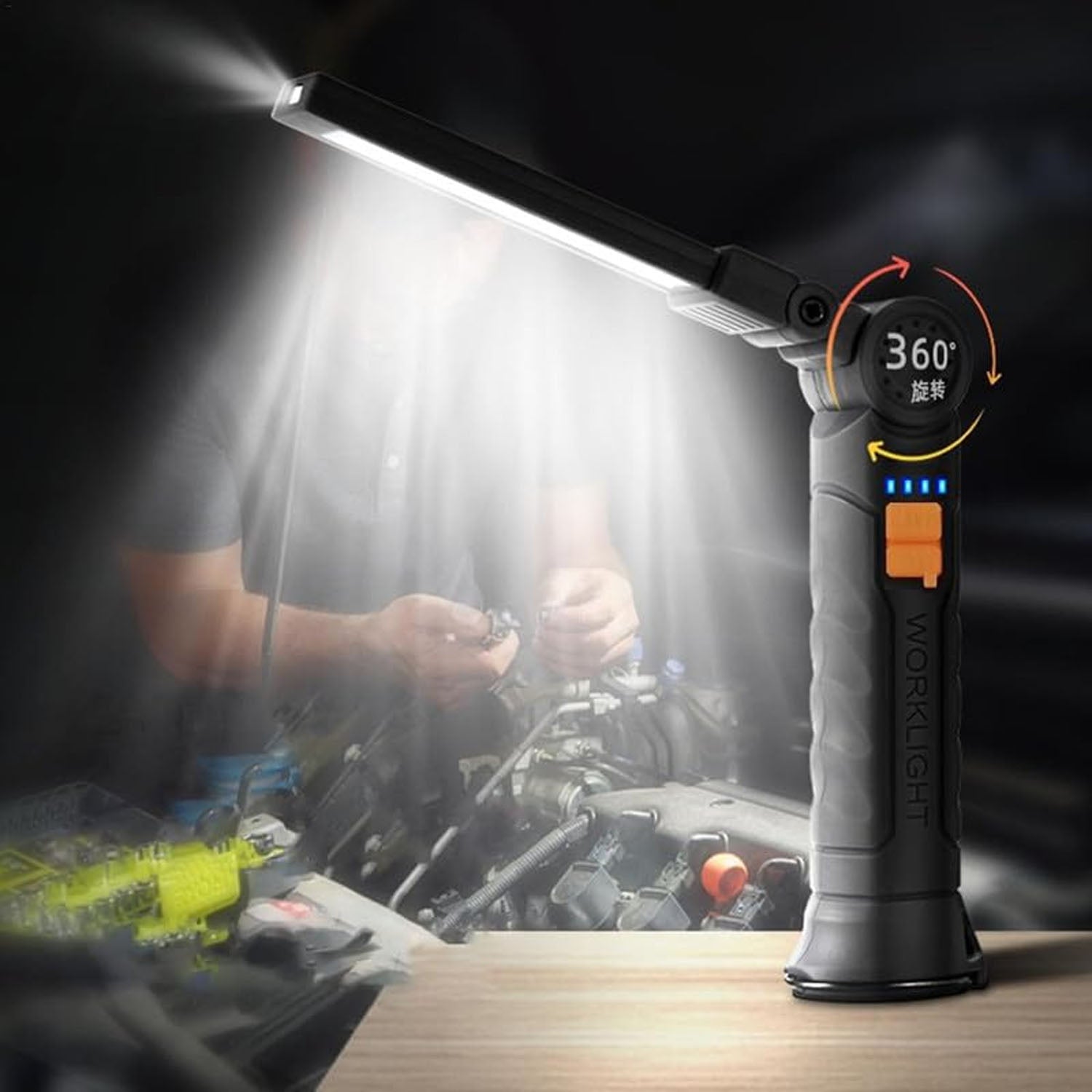 Compact rechargeable LED work light with adjustable arm and magnetic base on workshop table