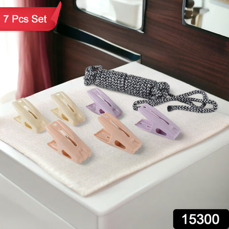 Cloth Drying Rope With Clips  Convenient And Durable Hanging Solution (7 Pc Set)
