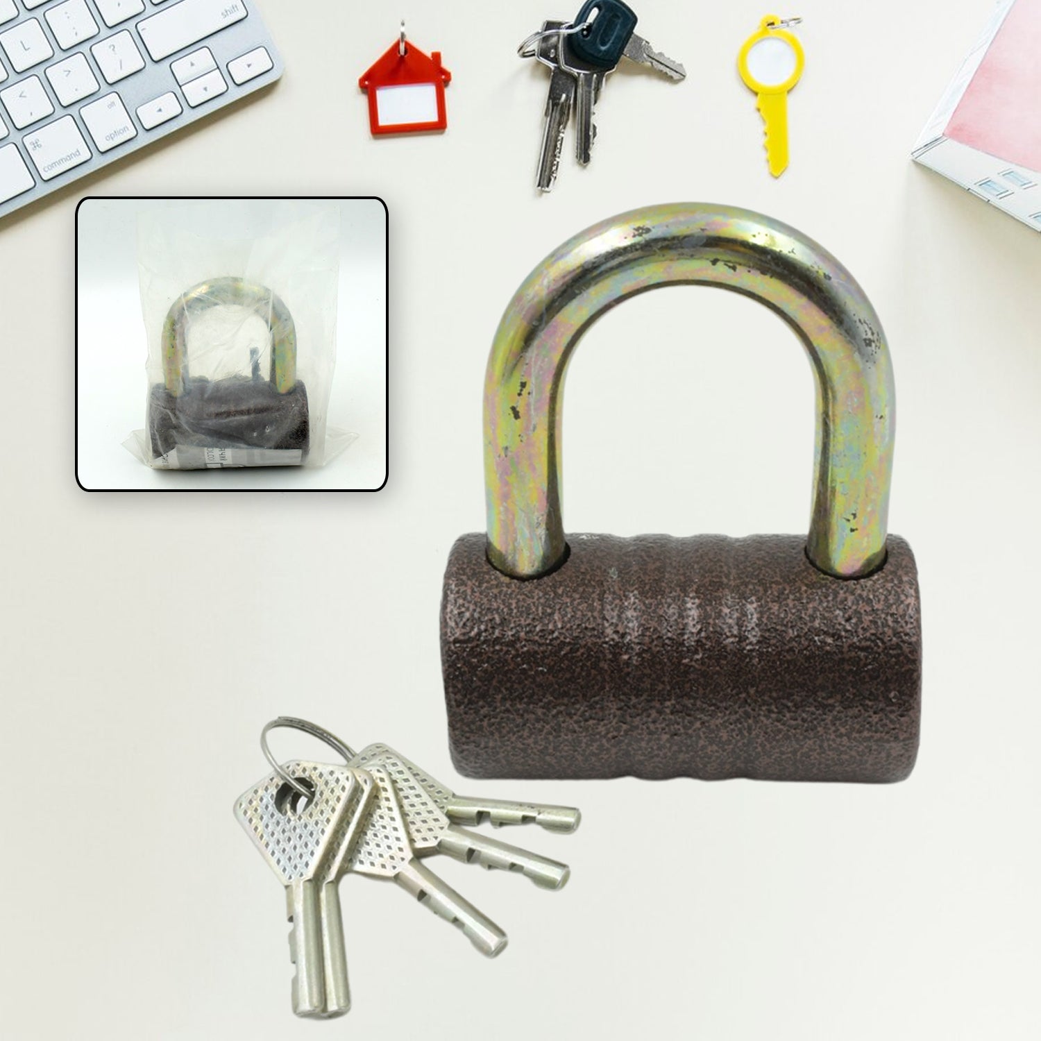 9455 Iron Pad Lock Brass Core And Thickened Spray Black Iron Door Lock With 5 Pc Keys For Home Dormitory Waterproof Antirust Anti-theft Padlocks Outdoor Gate Shed Locks Warehouse Big Iron Door Drawer Lock (82 Mm )