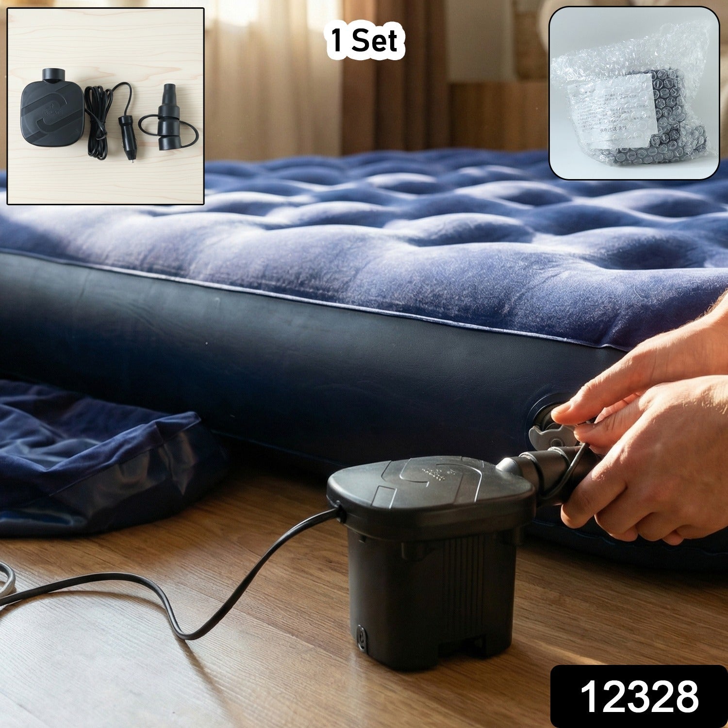 Compact car tire inflator with portable air compressor set