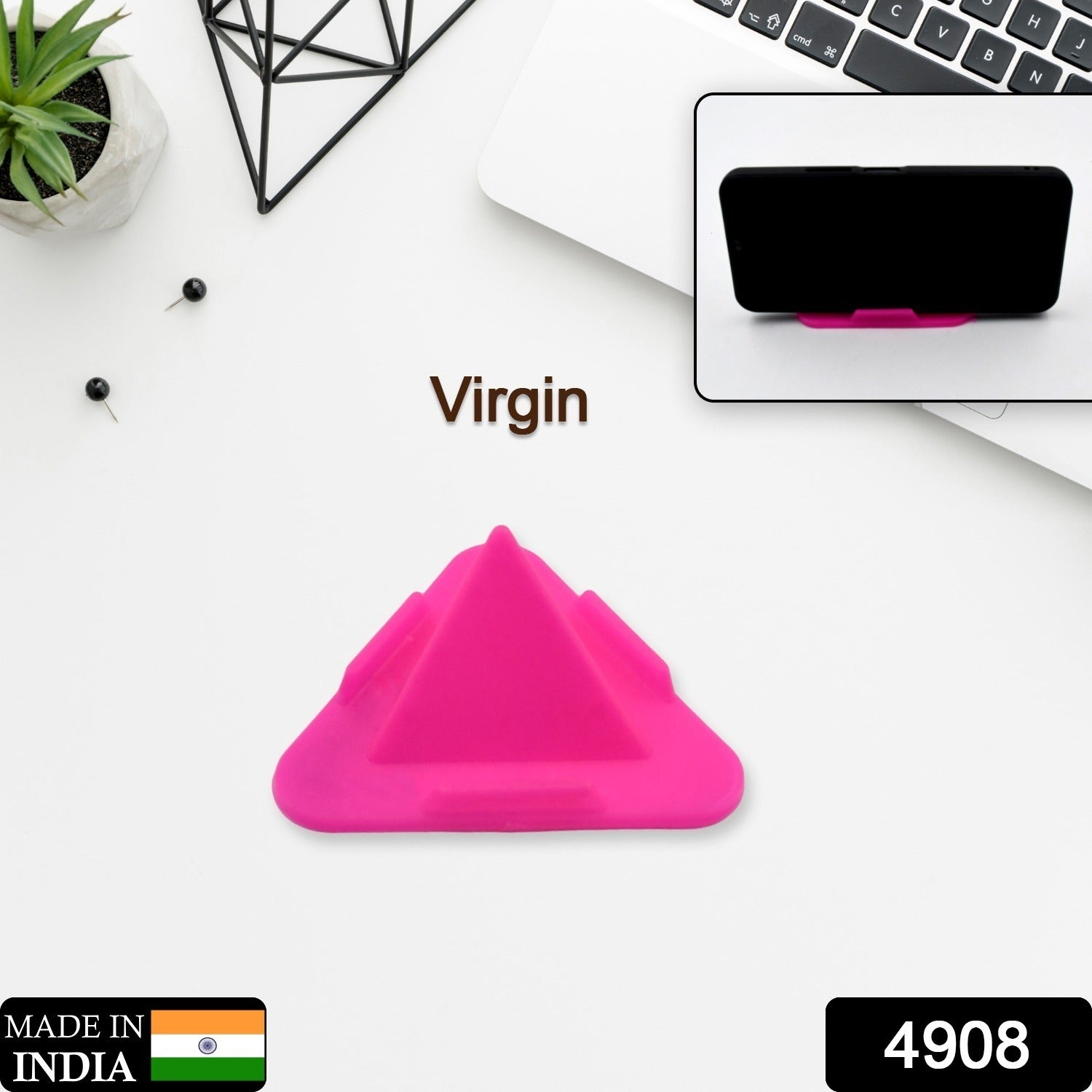 A smartphone securely held on the pyramid mobile stand, demonstrating hands-free use.