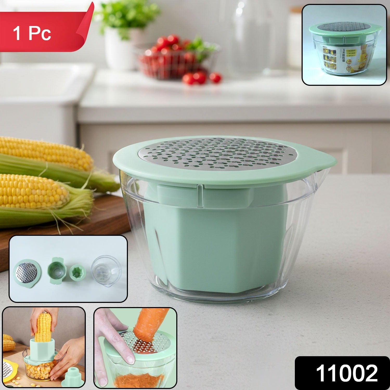 Handheld manual vegetable grater stripping corn kernels efficiently