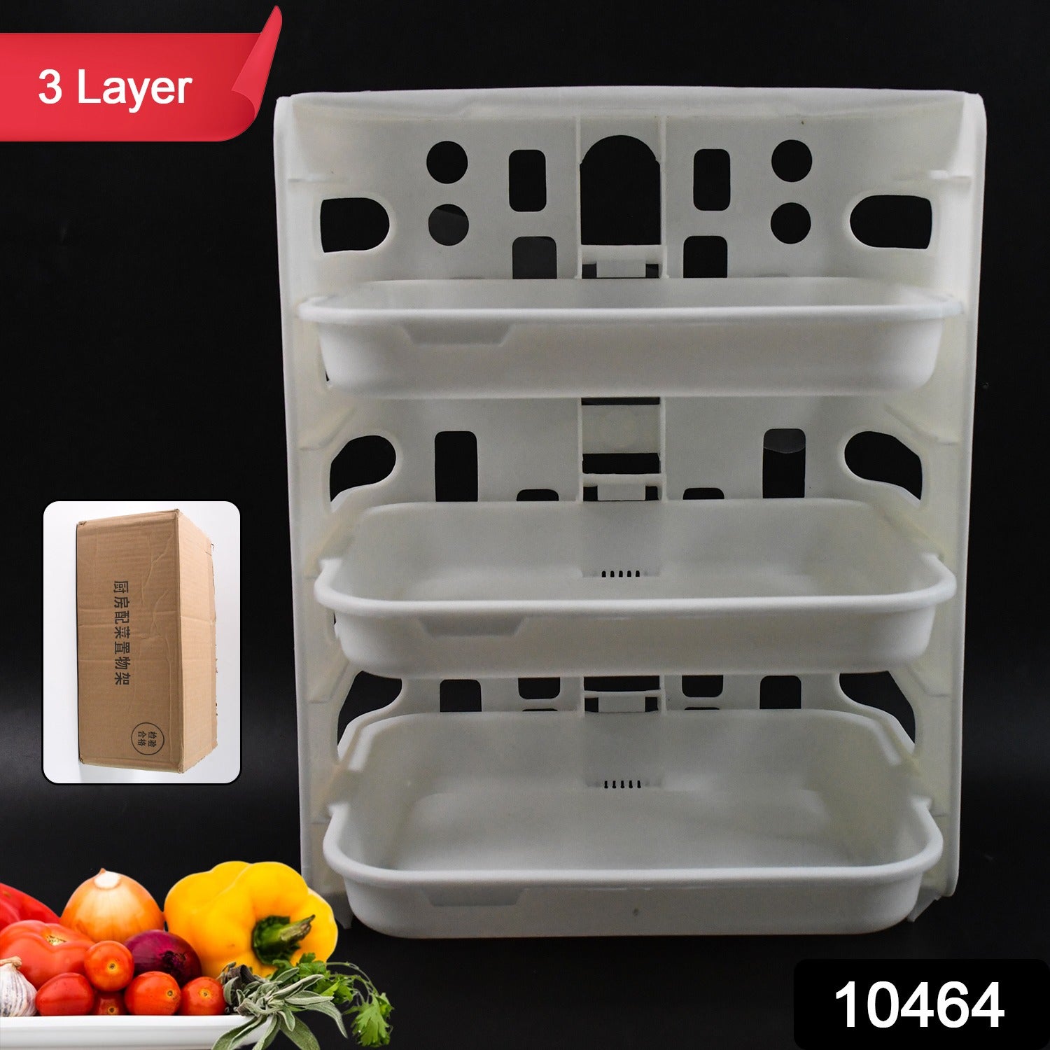 Wall-mounted kitchen rack with 3 layers for stacking fruits and vegetables