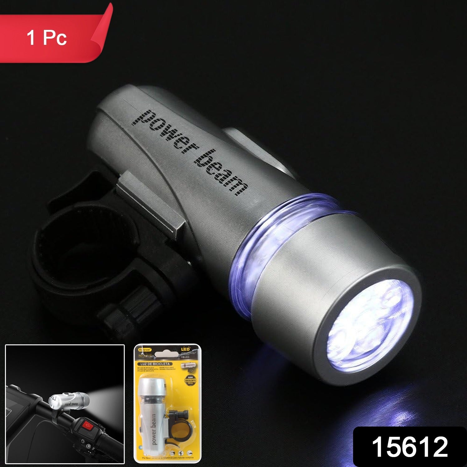 Powerful white LED bicycle headlight illuminating a dark road ahead.