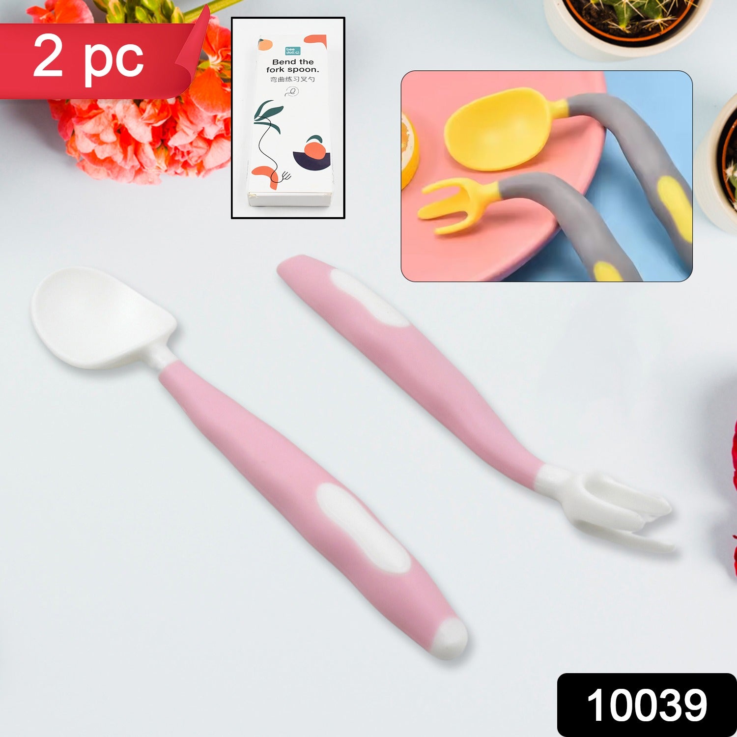 A baby learning to eat independently with a bendable silicone spoon.
