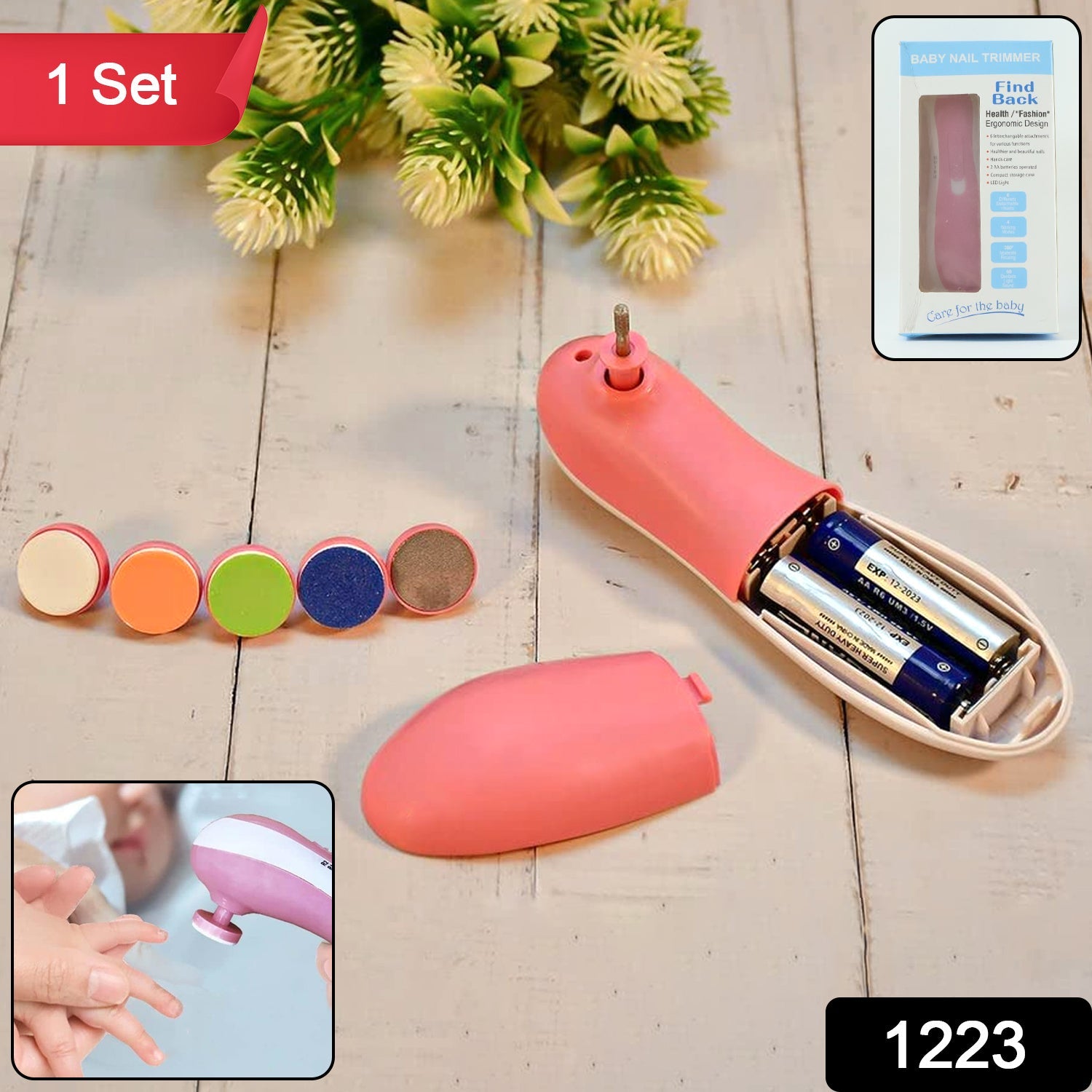Babyova electric baby nail trimmer, its accessories, and packaging box.