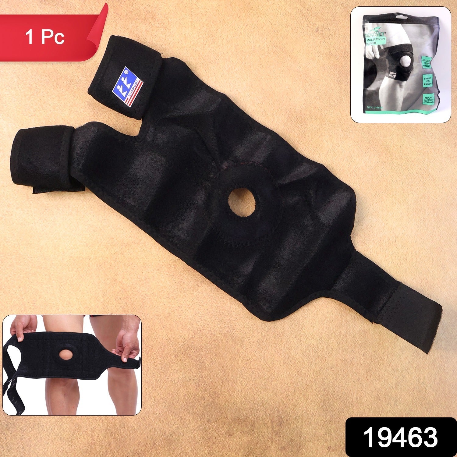 Front view of adjustable knee support brace with velcro straps and patella hole