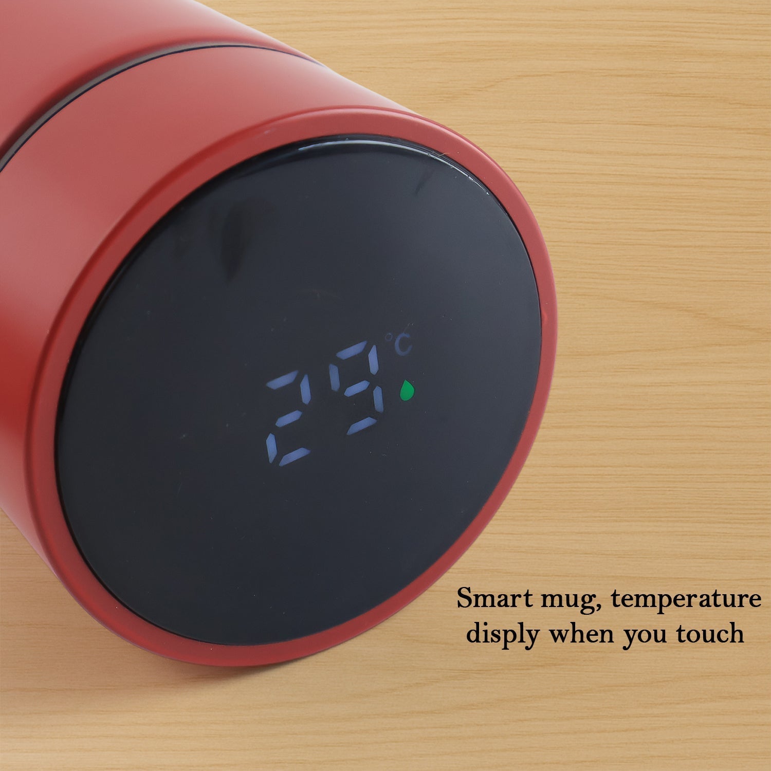 Side view of red vacuum insulated water bottle with LED temperature display.