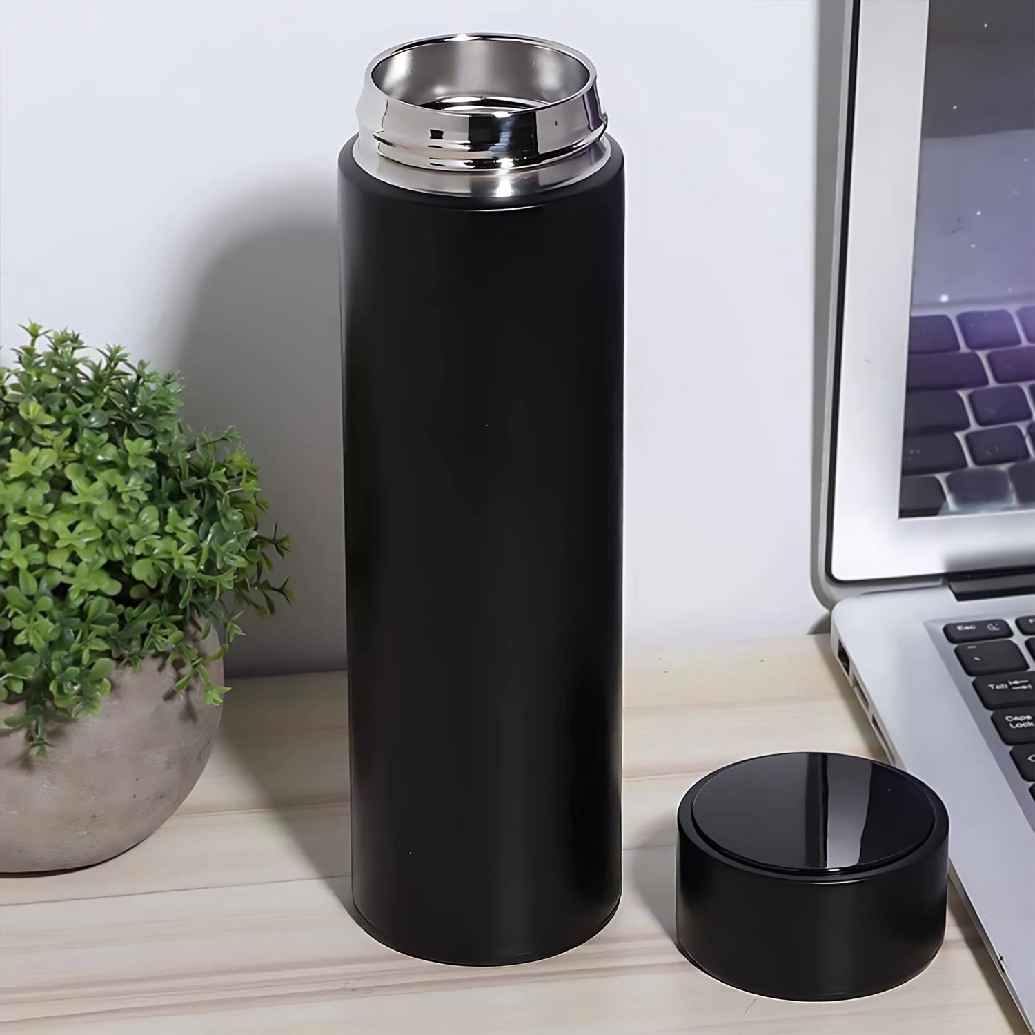 Insulated black stainless steel water bottle with LED display