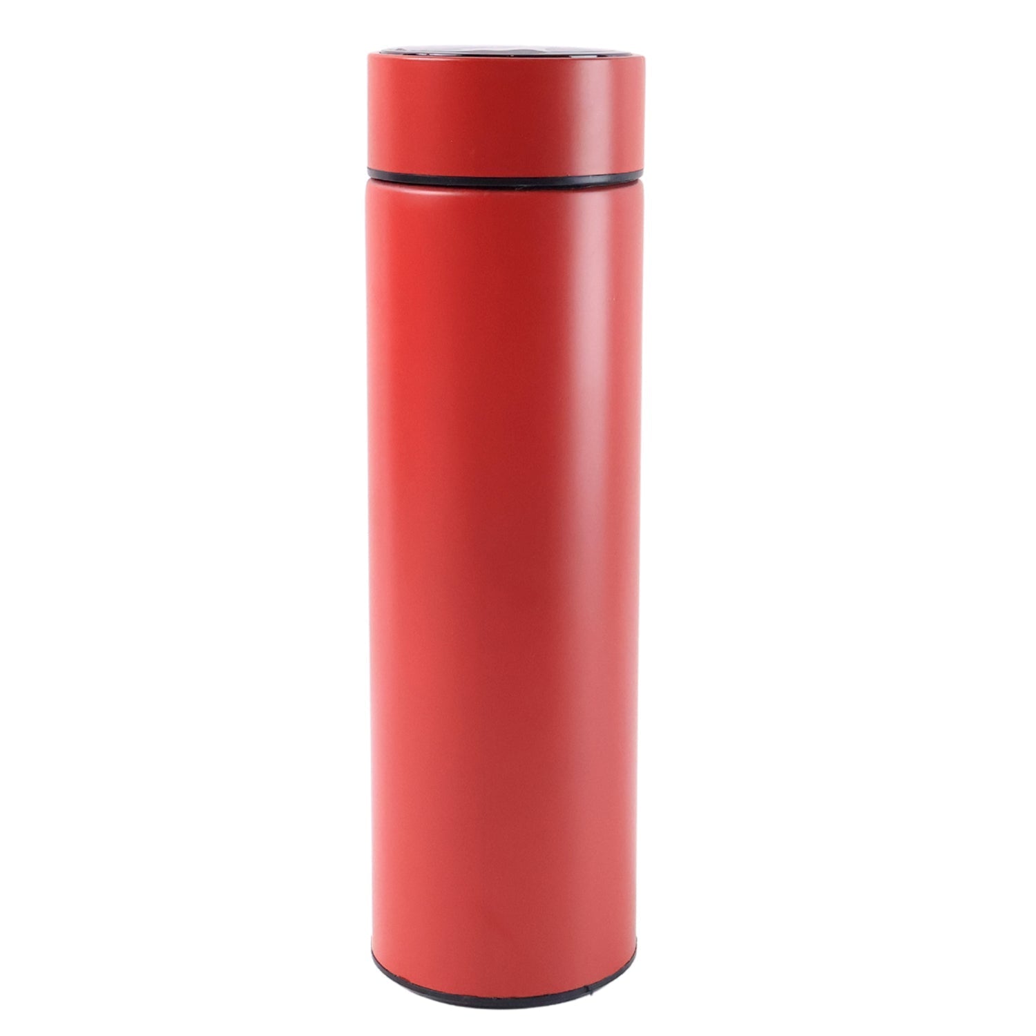 Front view of vacuum sealed red water flask with temperature display.