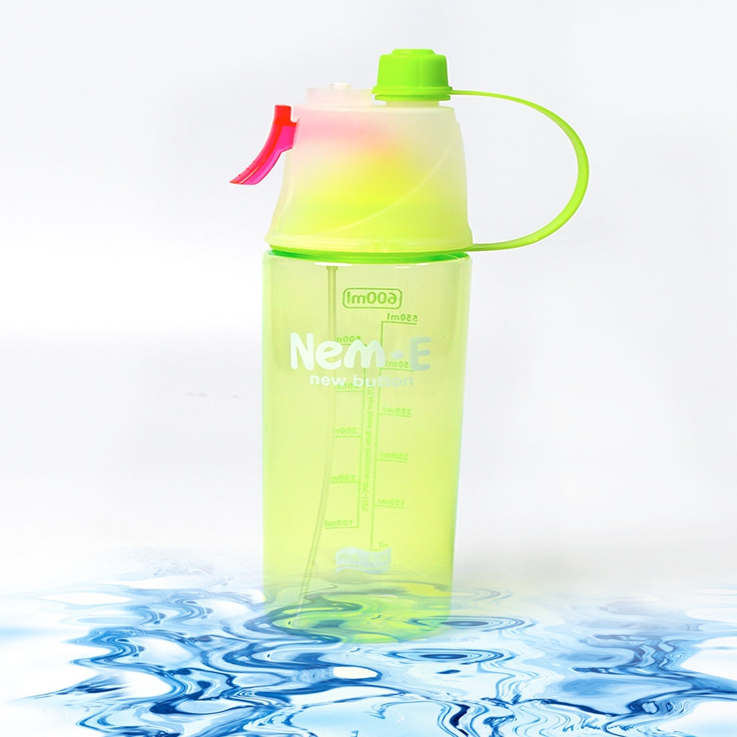 A bright blue sports spray water bottle with a clear mist function, ideal for active hydration.