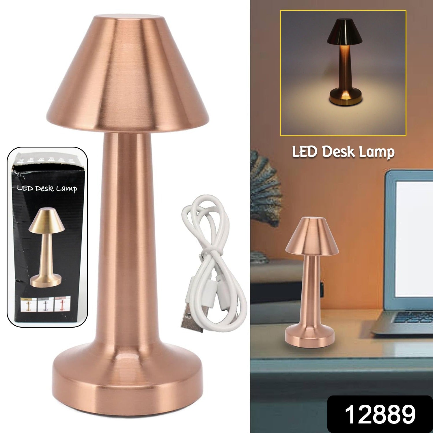 Portable LED table lamp illuminating a modern bedside table.