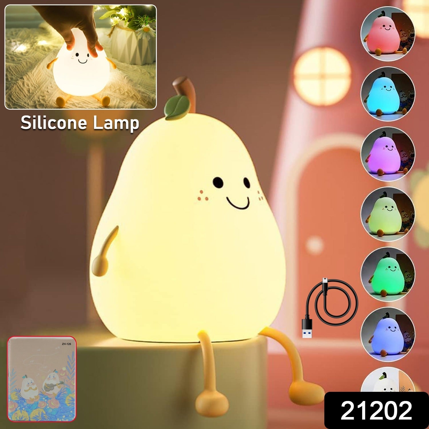 The pear silicone night lamp cycling through vibrant multi-color LED modes.