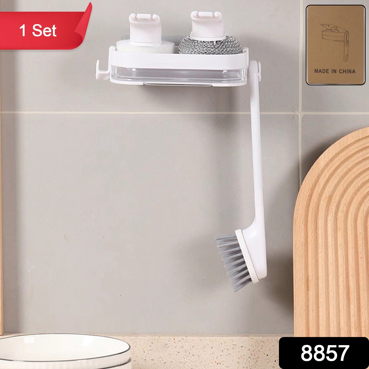 Compact wall mounted cleaning brush hanging near kitchen sink