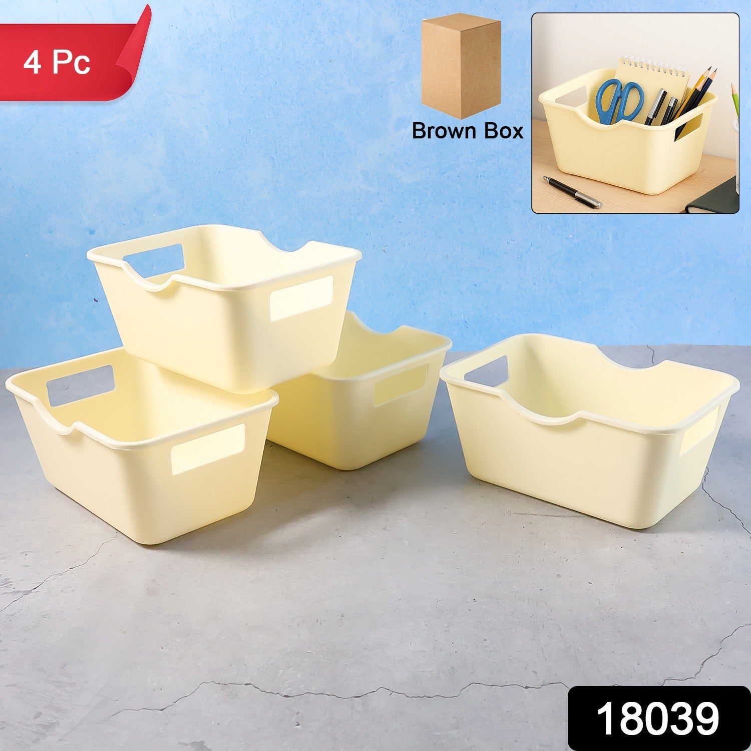 Compact plastic storage basket organizer tray with easy-carry handles