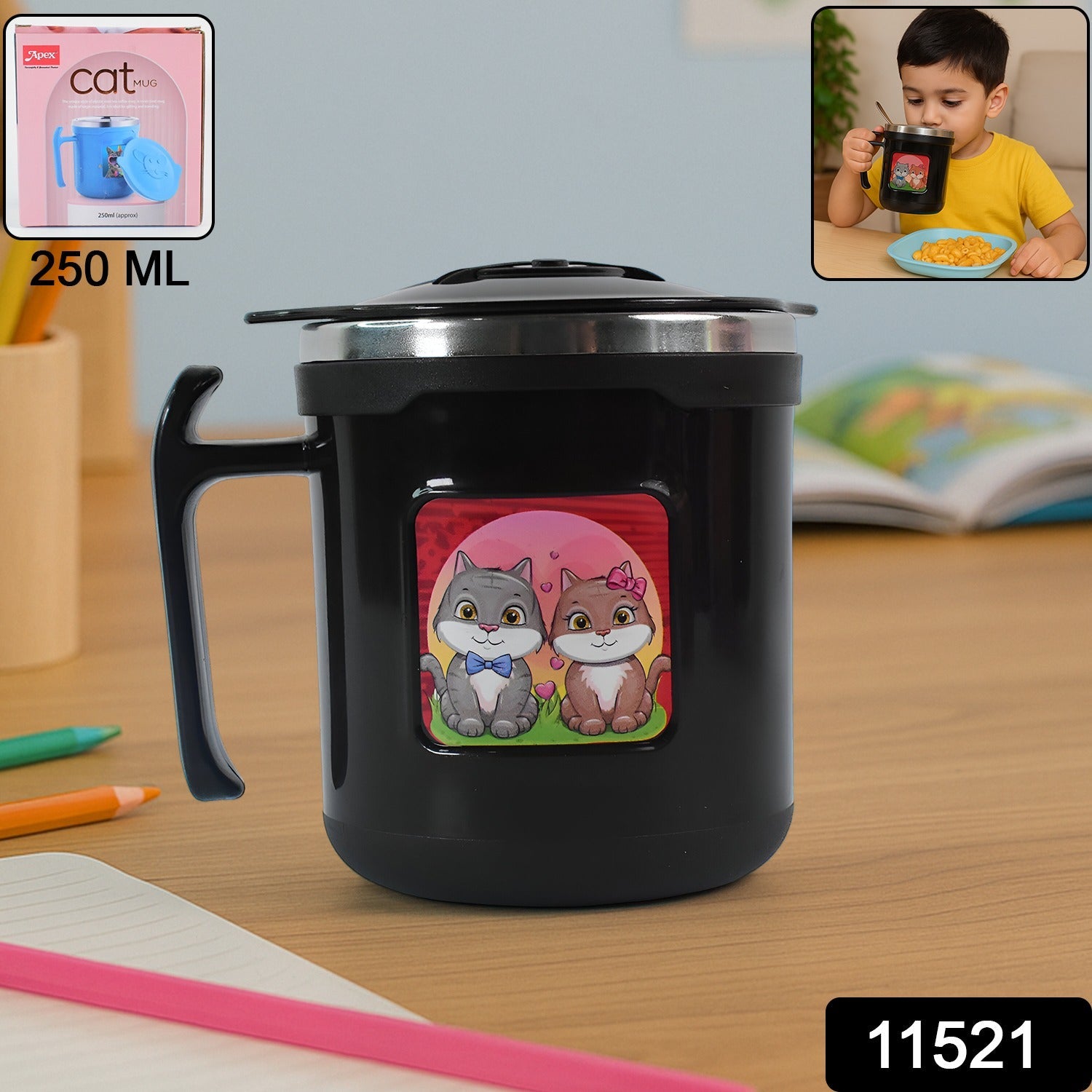Top-down view of the 250 ml insulated cat mug with a secure lid and handle.