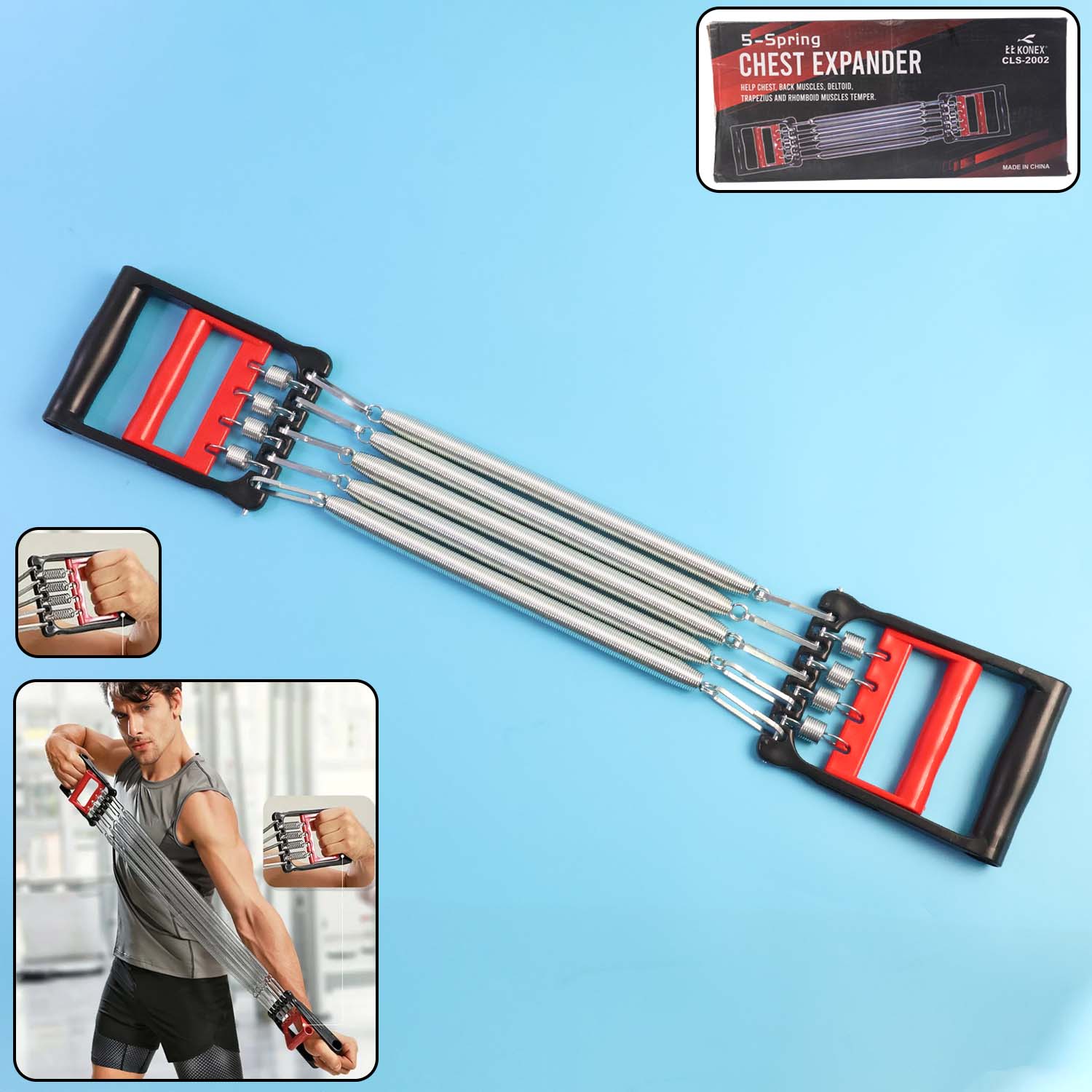 5-spring chest expander showing adjustable resistance for home workouts