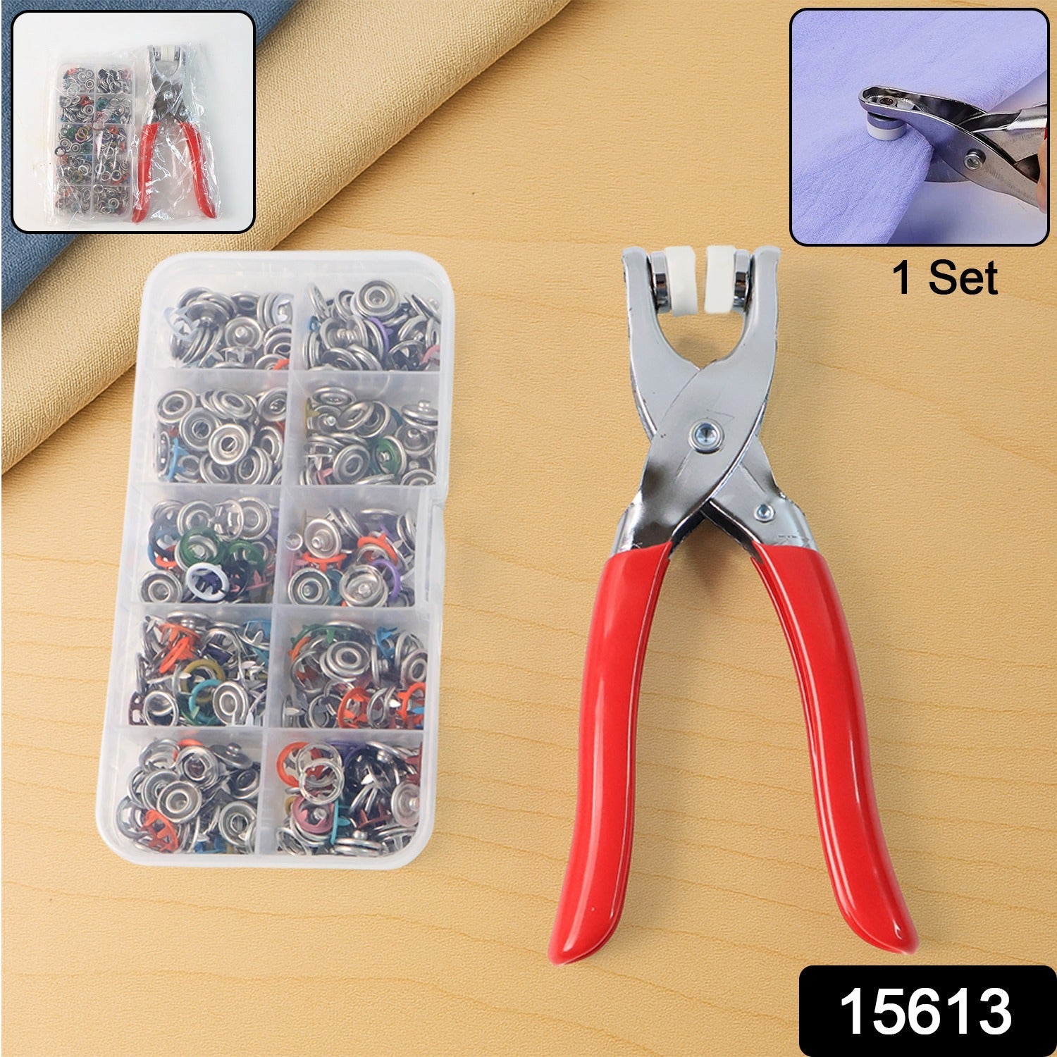 Ergonomic snap button plier tool installing a fastener on fabric surface