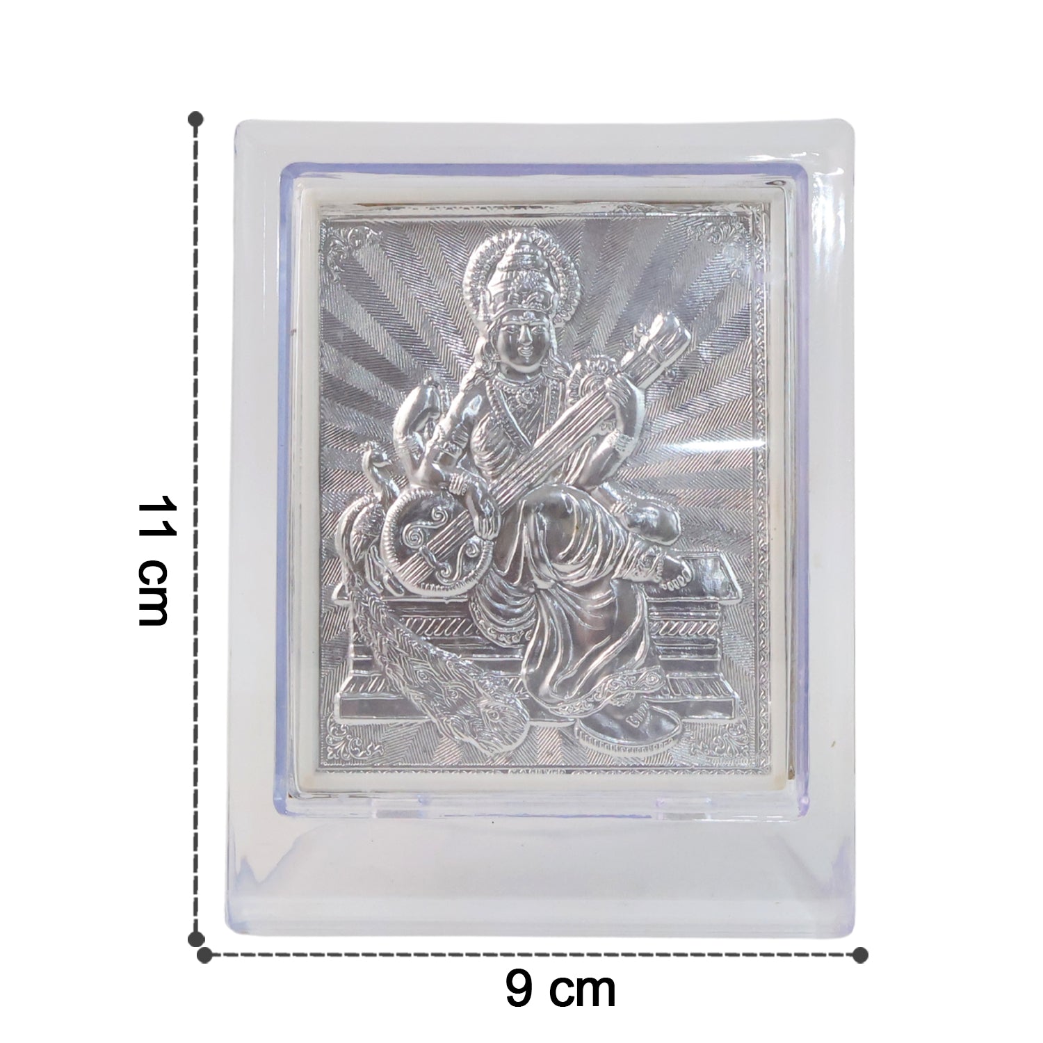 Silver Saraswati Maa photo frame displayed on a flat surface with clear acrylic cover