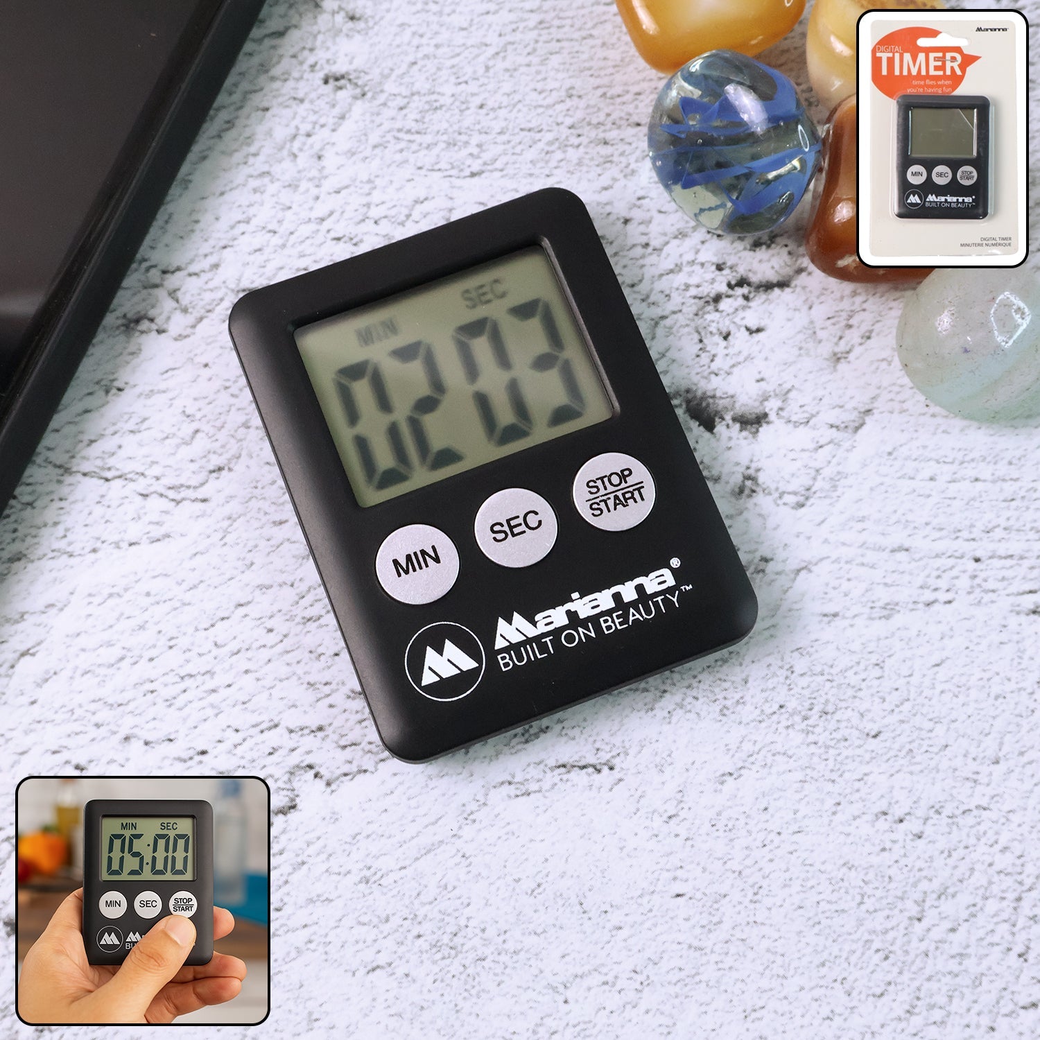 Front view of the sleek Digital Kitchen Timer with clear LCD display.