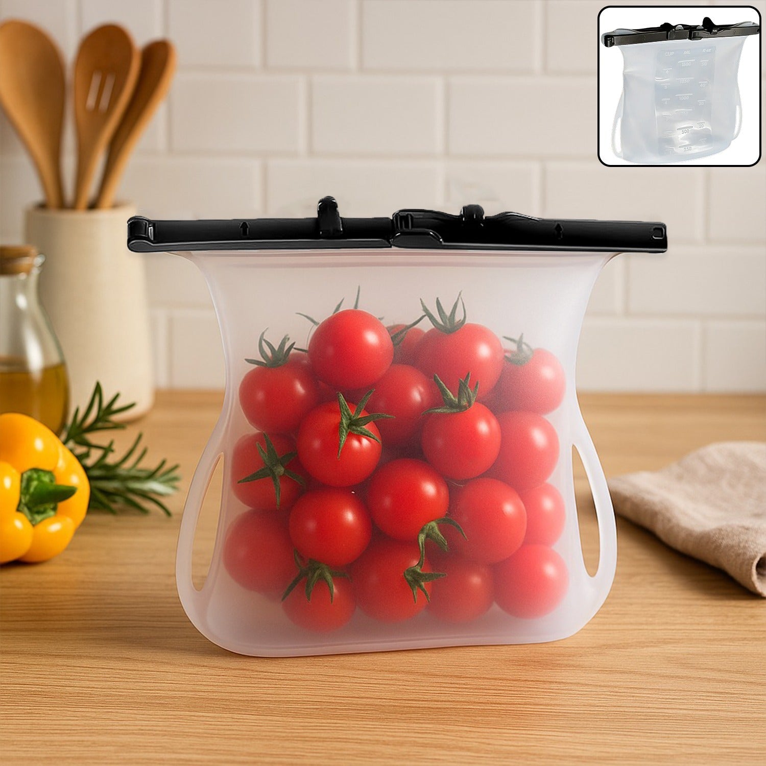 A clear Reusable Silicone Food Storage Bag standing upright, showcasing its leakproof seal and flat bottom design.