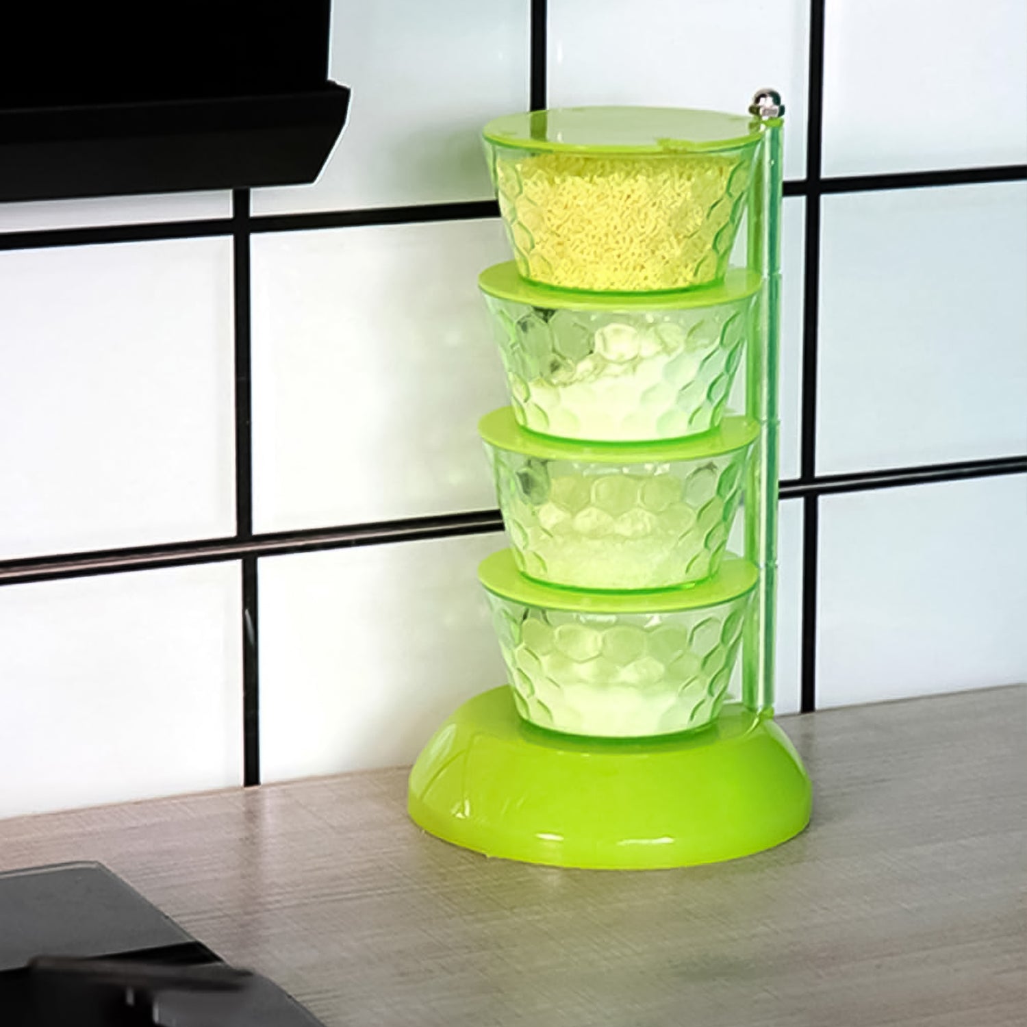 4 Section 360 Rotating Vertical Seasoning Box Plastic Pickle Tower  Spice Rack (4 Layer With 4 Plastic Spoon  1 Set)