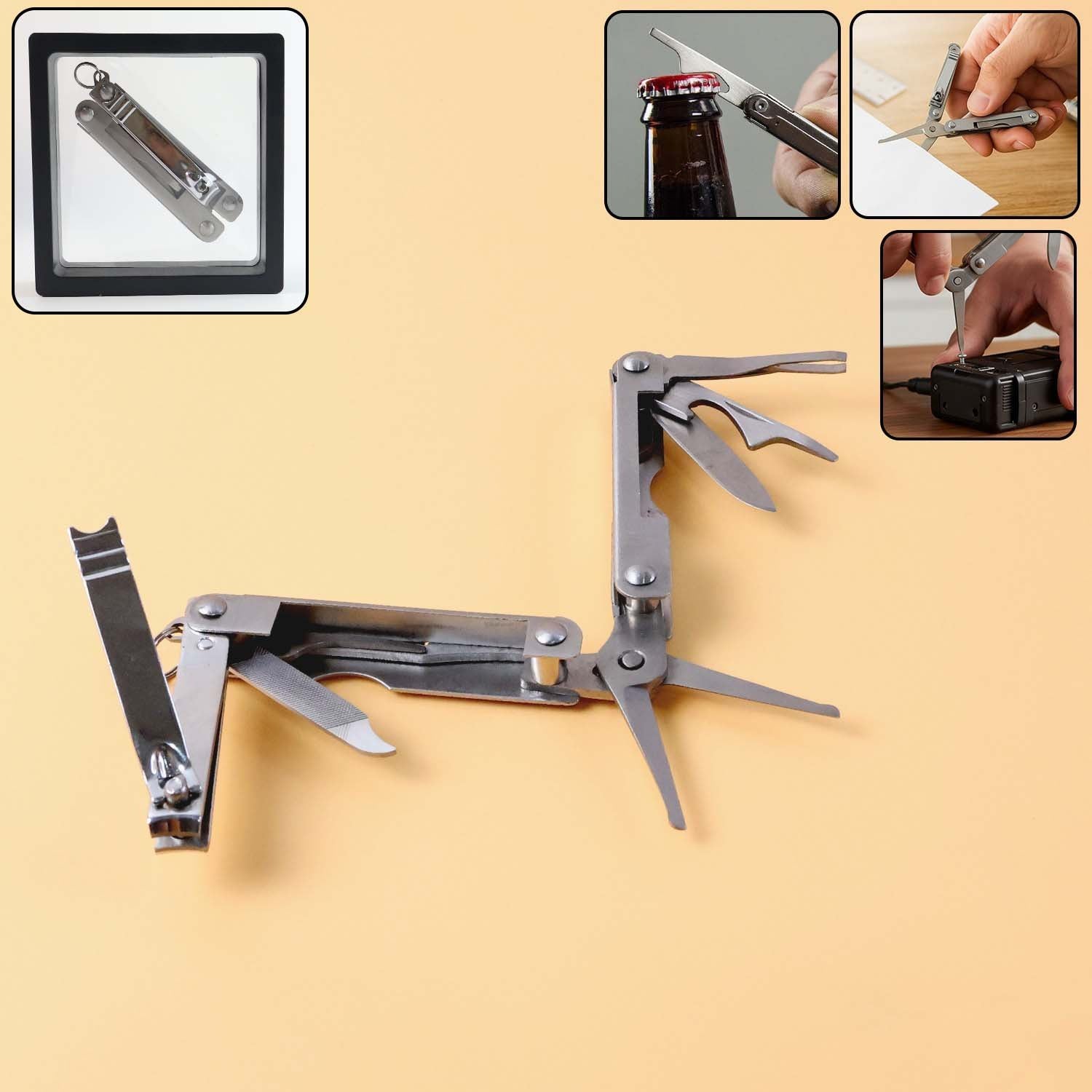 Stainless steel 8-in-1 multipurpose pocket tool kit folded compactly