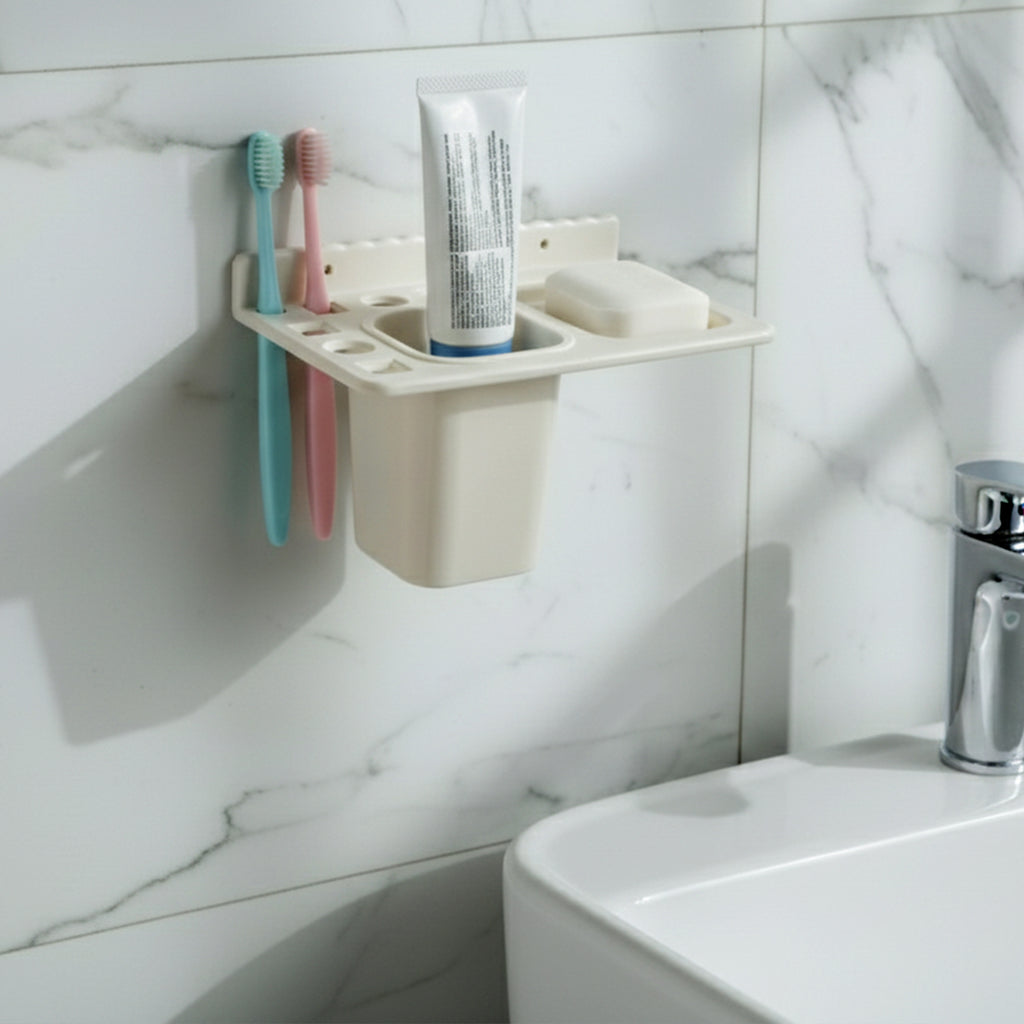 3in1 Wall Mounted Multi-compartment Toothbrush  Soap Holder With Cup (1 Pc)