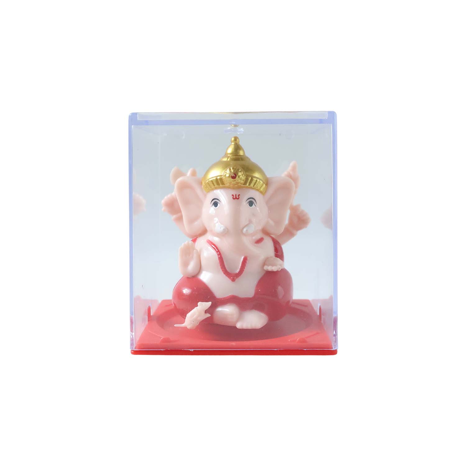 Close-up image highlighting bright red and gold details on Ganesha idol
