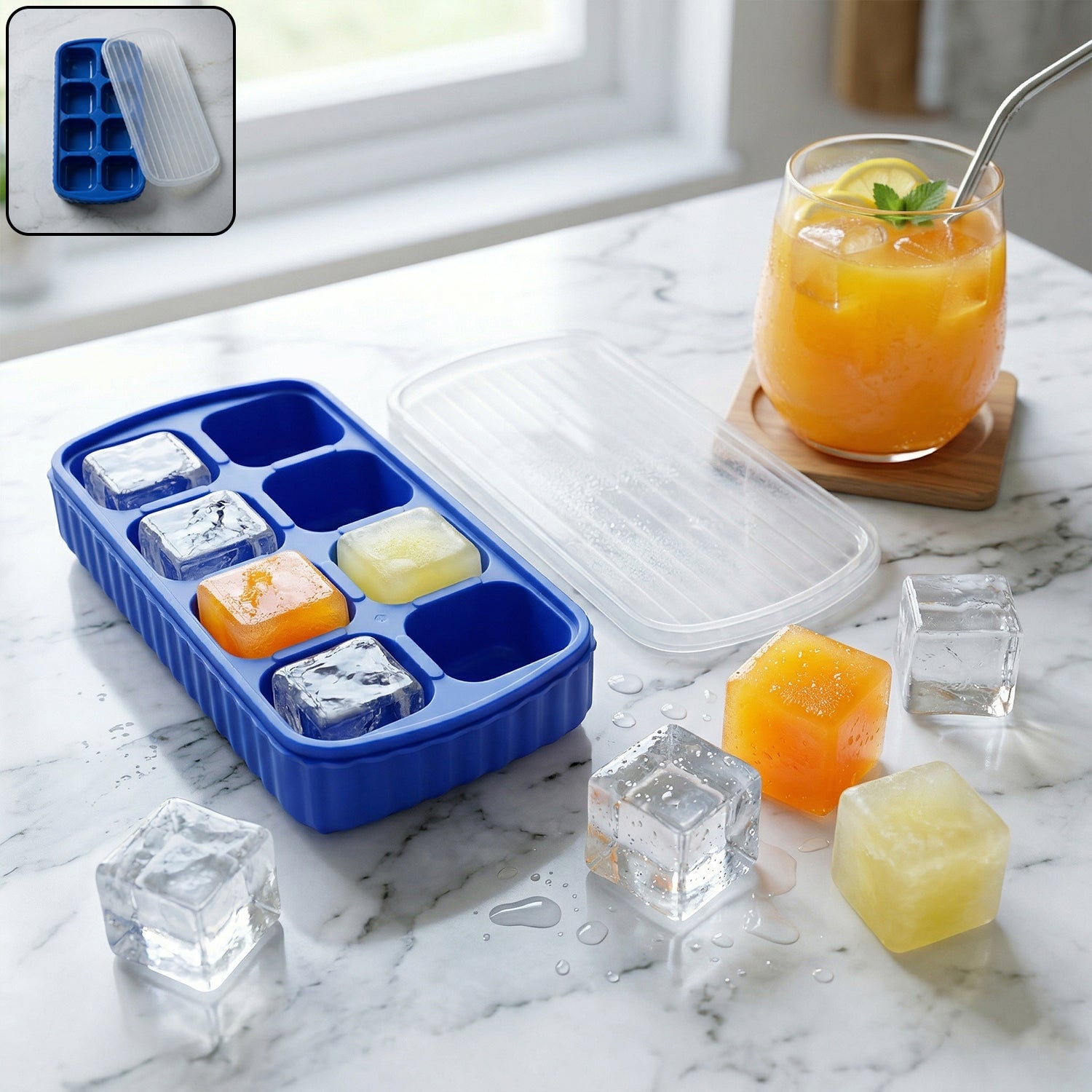 Durable multipurpose square ice cube tray with lid and 8 grids for freezer use