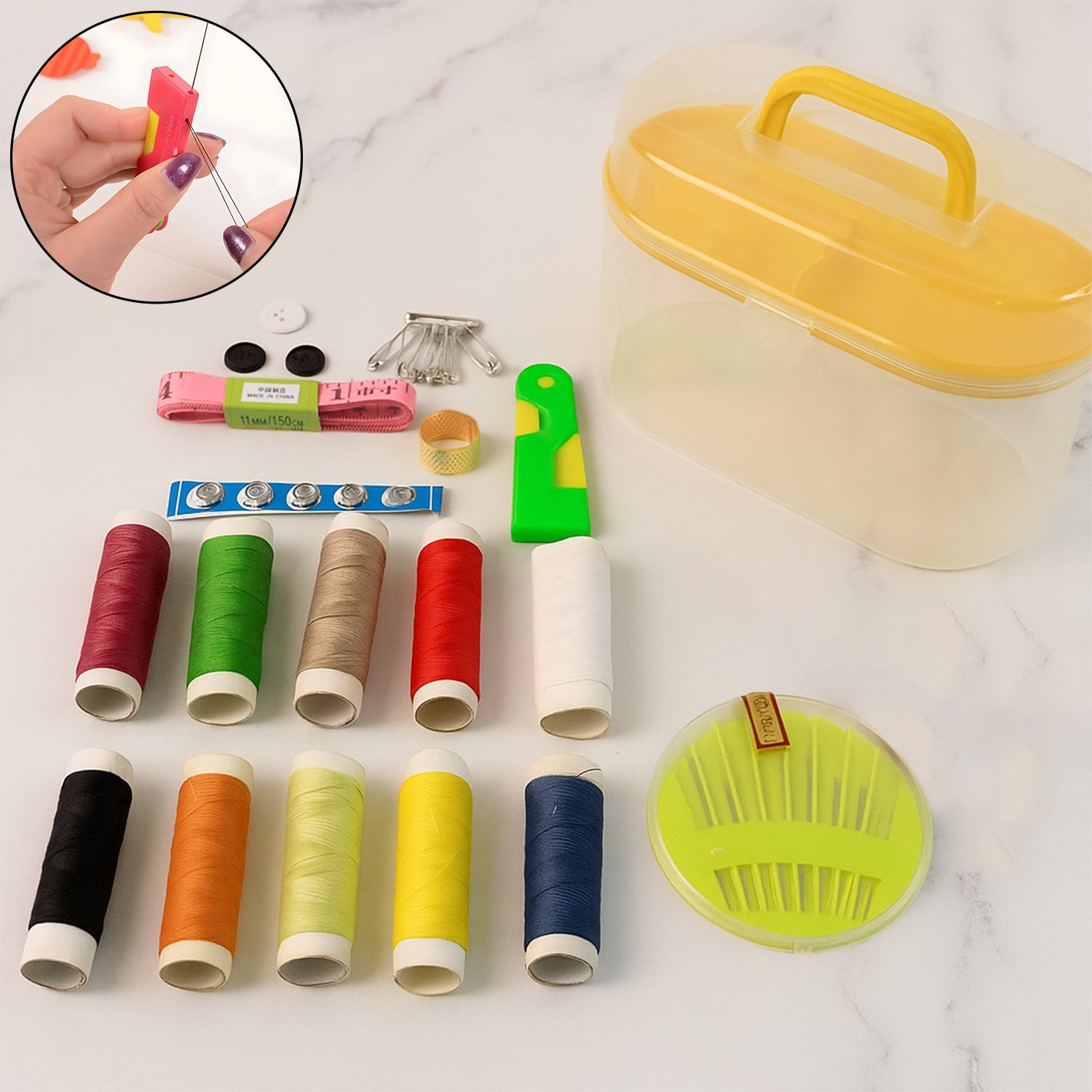 Portable travel sewing kit open, showing organized needles and threads.