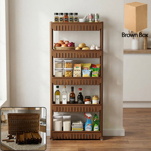 Kitchen storage rack with five shelves and wheels for easy mobility