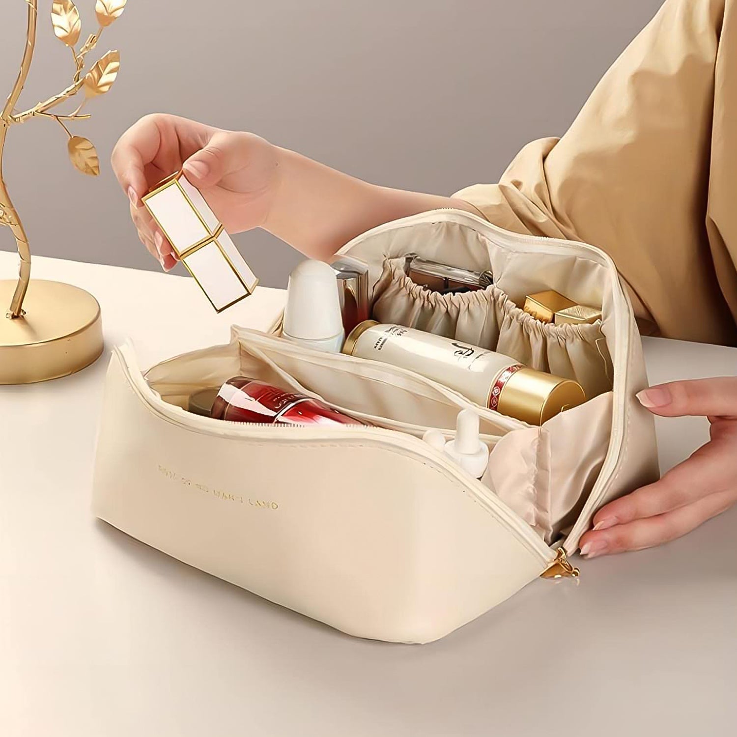 Premium Cream Travel Makeup  Toiletry Organizer Pouch With Zipper  Handle (1 Pc)