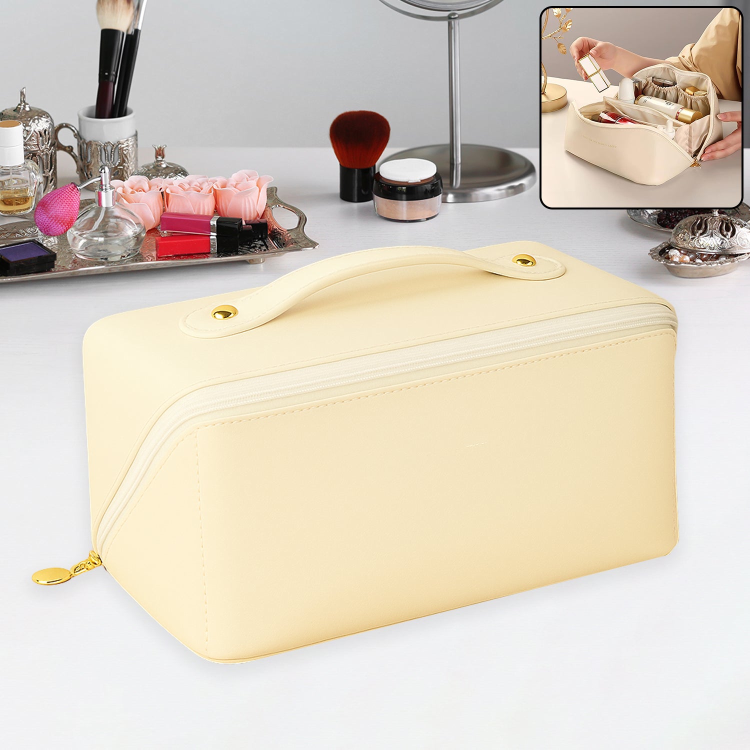 Premium Cream Travel Makeup  Toiletry Organizer Pouch With Zipper  Handle (1 Pc)