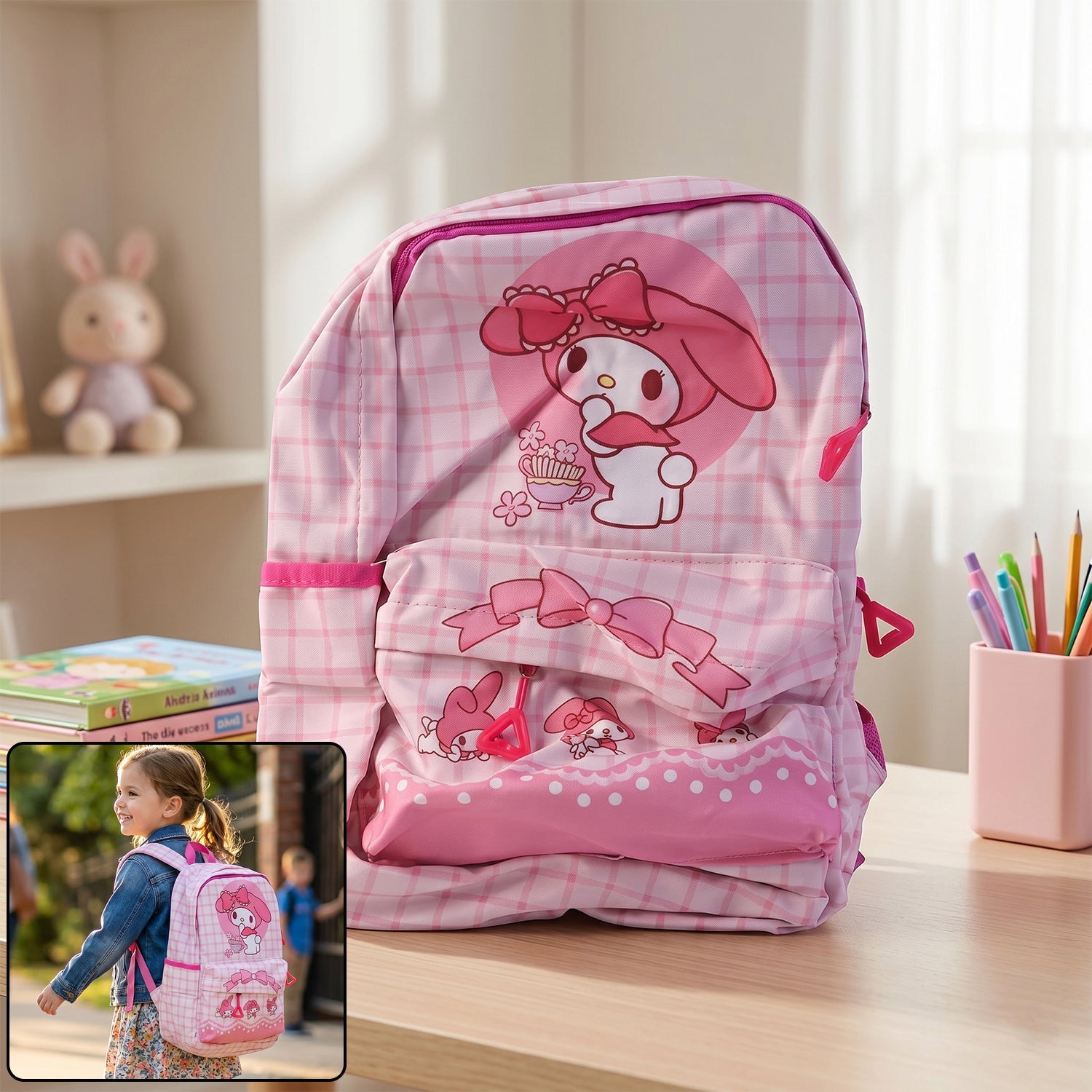 Side view of toddlers' My Melody backpack in pink