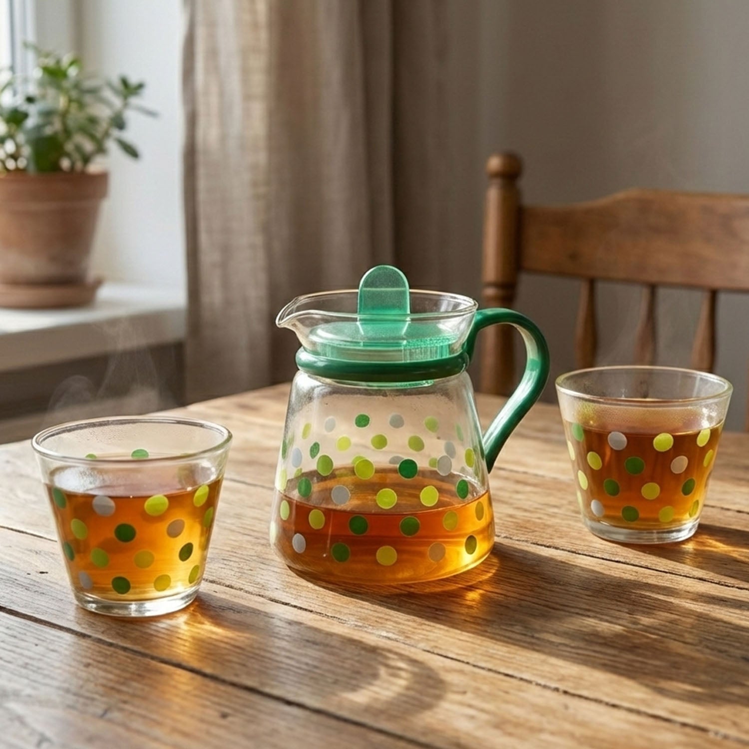 Two glass tea cups from the elegant polka dot tea pot set
