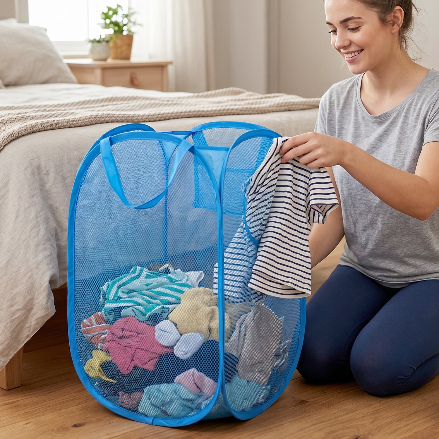 Foldable Mesh Laundry Basket With Handles Large Clothes Hamper (1 Pc36x36x58cm)